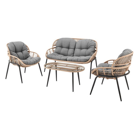 Belize 4-Piece PE Natural Rattan Outdoor Grey Cushions Conversation Set, Large--1