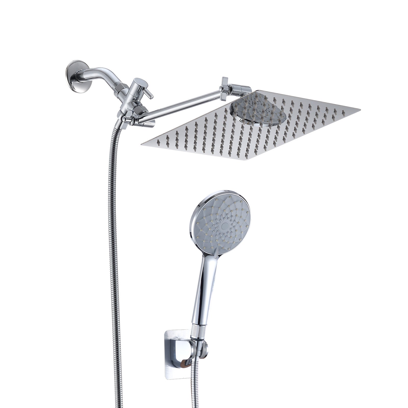 10" Chrome Rainfall Shower Head and Handheld Combo with 11" Extension Arm, 6 Spray Modes--1