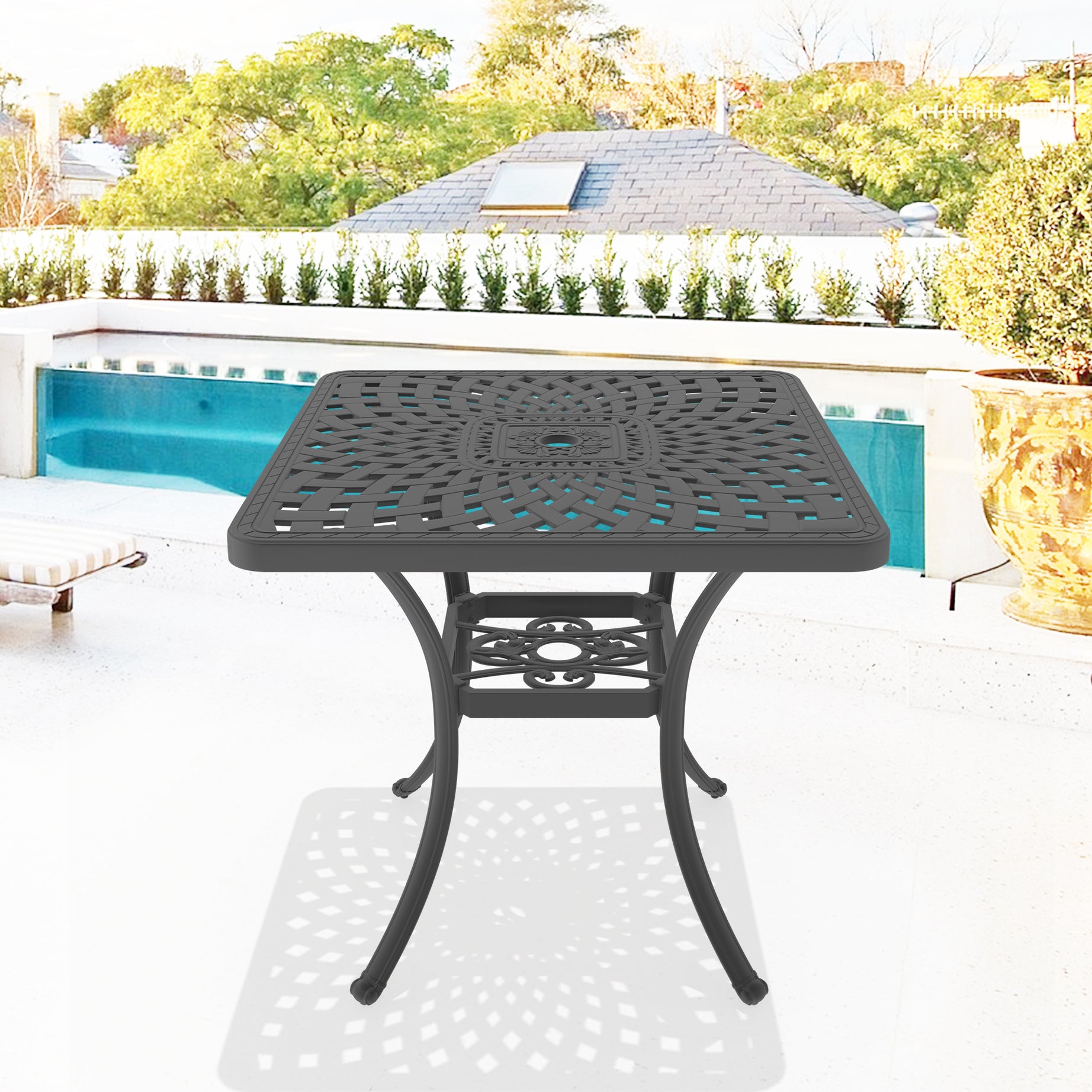 L30.71*W30.71-inch Cast Aluminum Patio Dining Table with Black Frame and Umbrella Hole--1