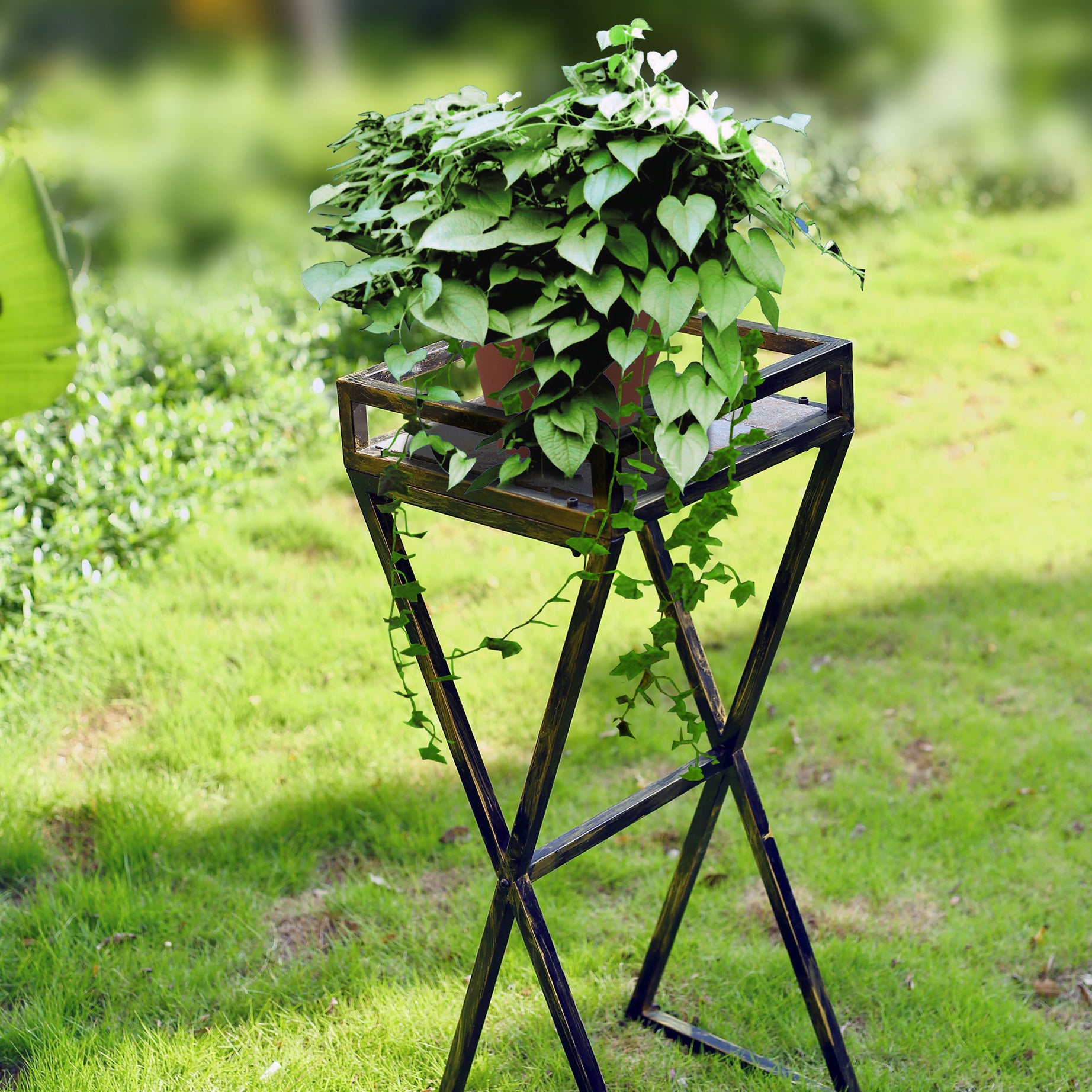 35.5" Gray Stone Slab Black / Gold Metal Plant Stand--1