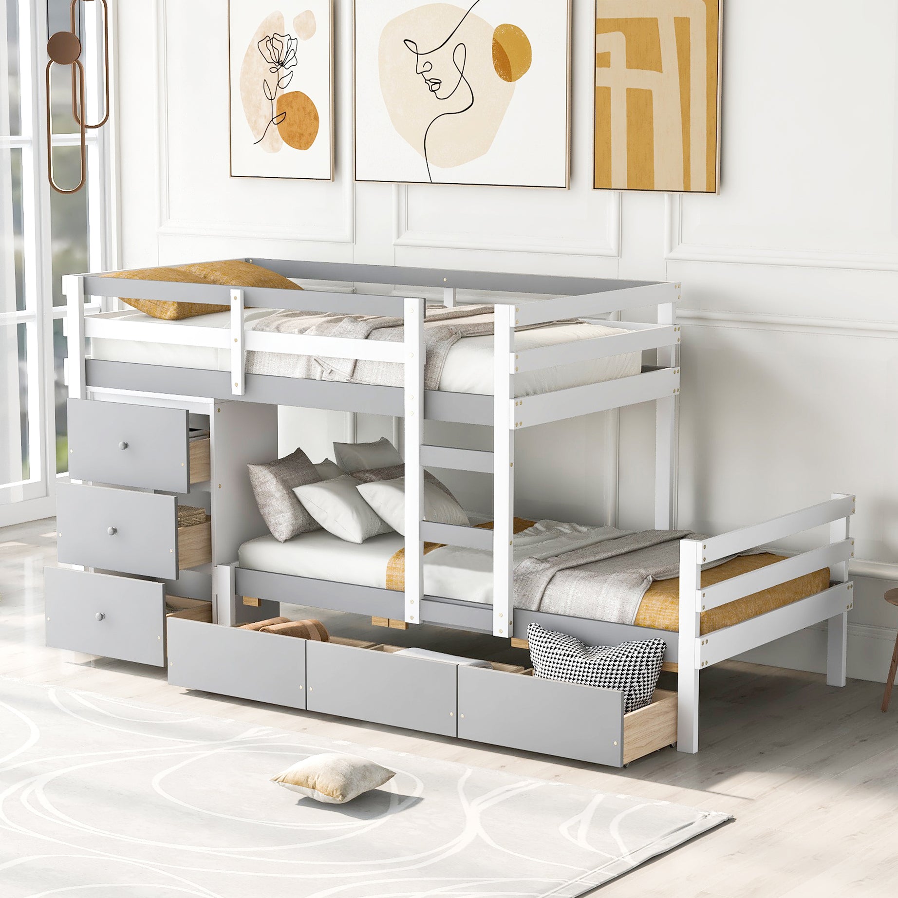 Twin over Twin Loft Bunk Bed with Drawers and Ladder, Gray--1