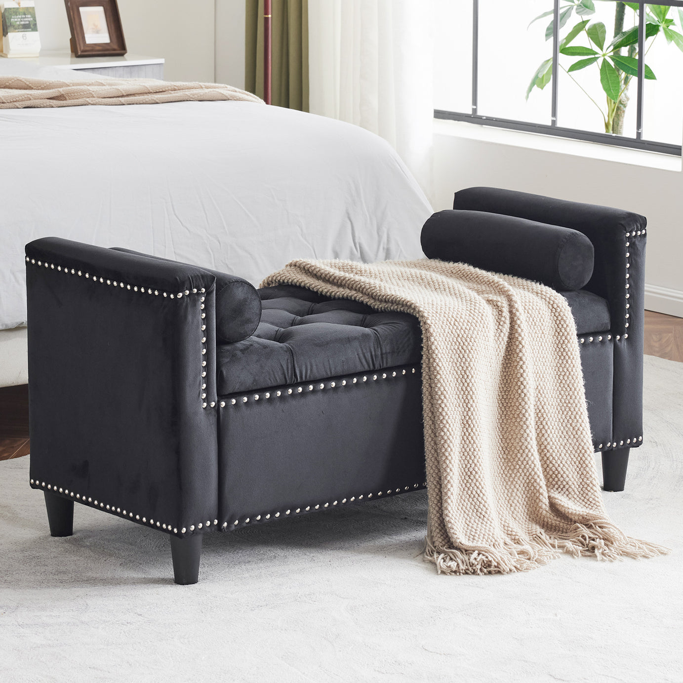 Storage Bench, 44.5-Inch Queen Velvet Button Bedside Bench, Entryway Living Room with Armrests, Nailhead Trim, Upholstered Bedroom Bench, Bedside Ottoman, Living Room, Entryway, Black--1