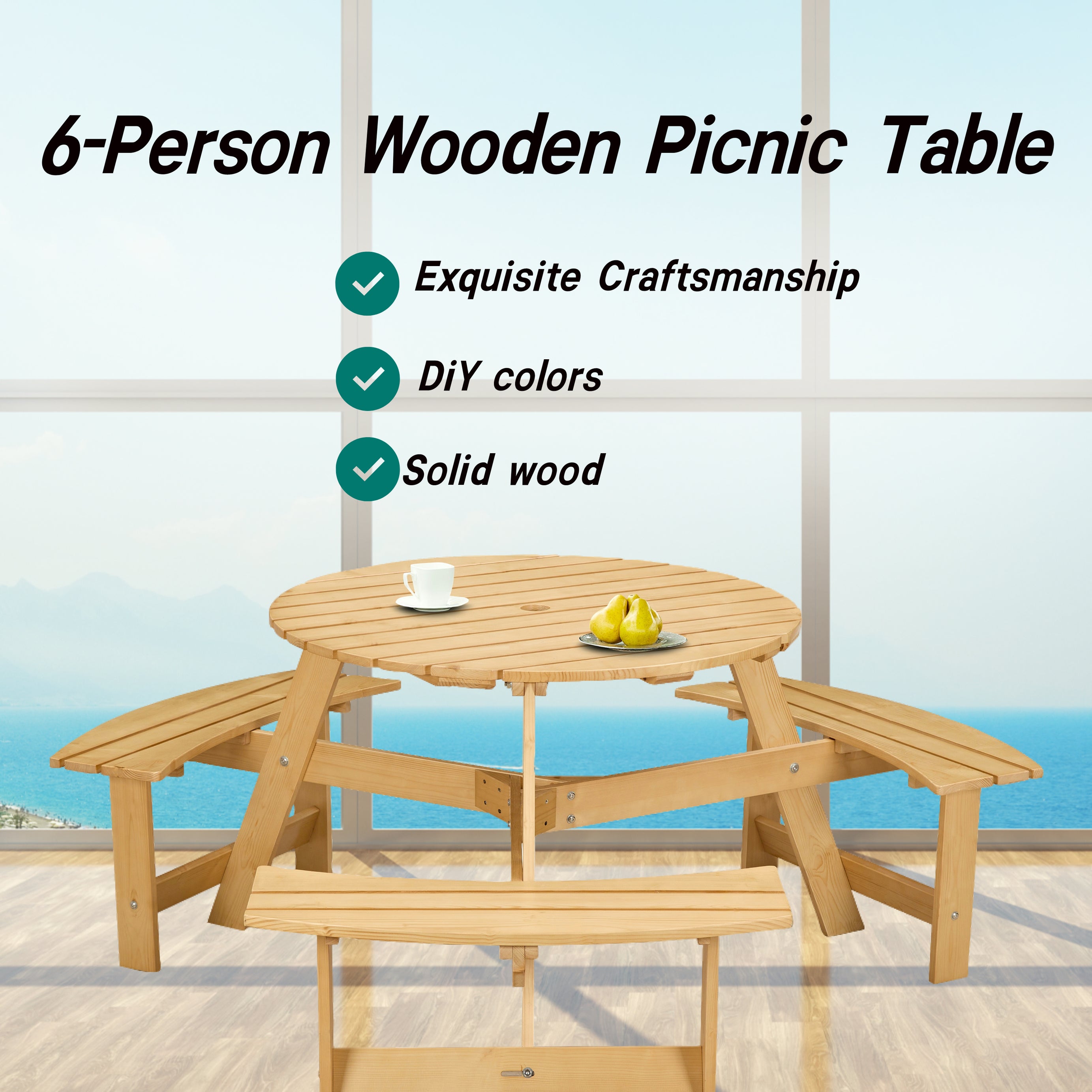 Outdoor 6 Person Picnic Table, 6 person Round Picnic Table with 3 Built-in Benches, Umbrella Hole, Outside Table and Bench Set for Garden, Backyard, Porch, Patio,  Natural--4