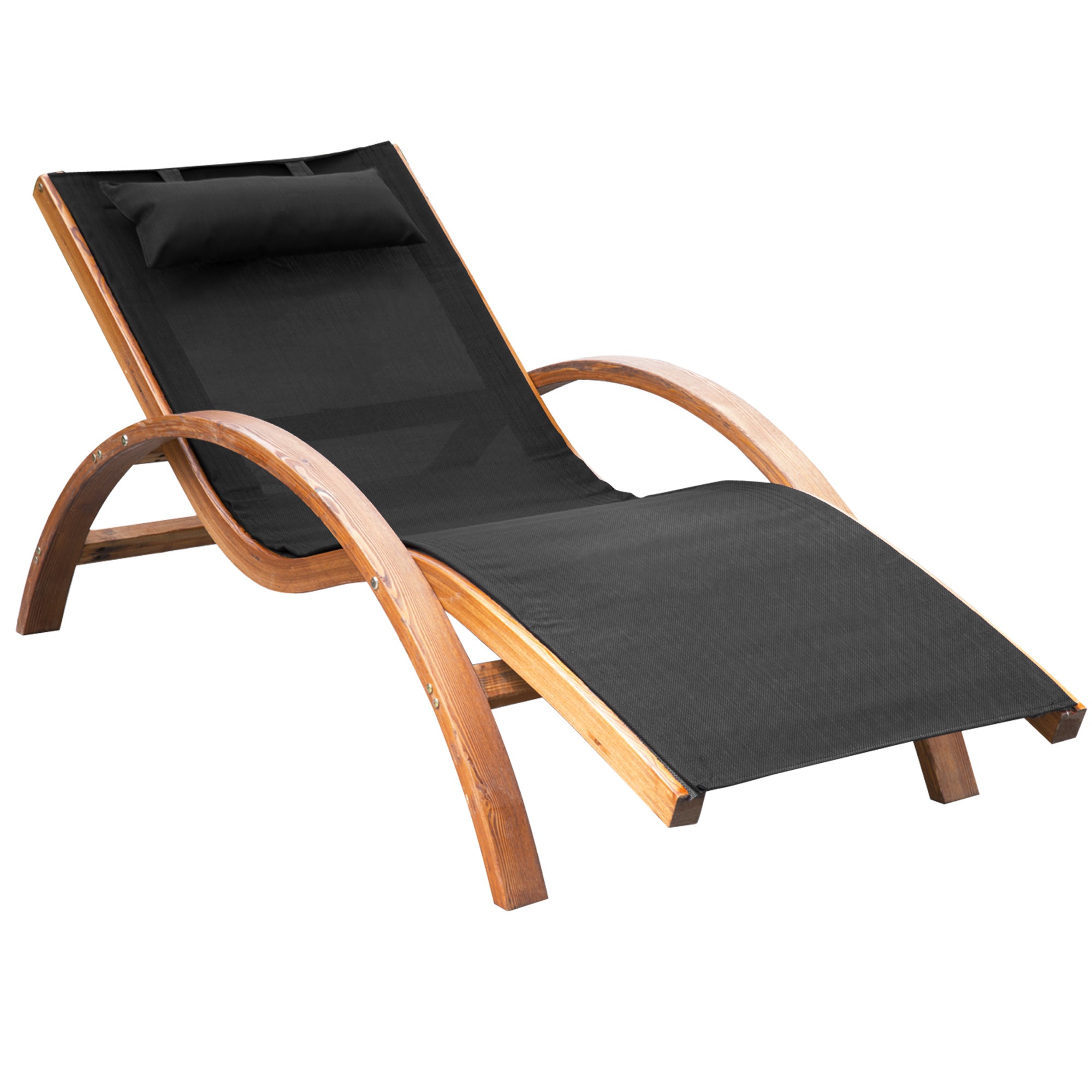 Outsunny Outdoor Chaise Wood Lounge Chair with Pillow, Armrests, Breathable Sling Mesh and Comfortable Curved Design for Patio, Deck, and Poolside--1