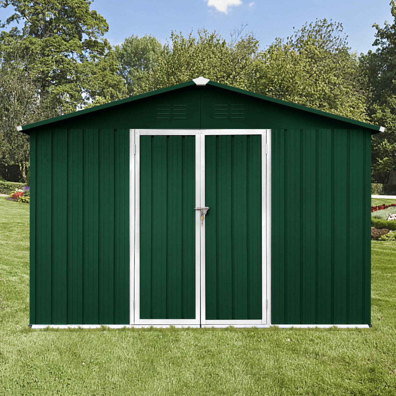 Metal garden sheds 10ftx12ft outdoor storage sheds white+green--1