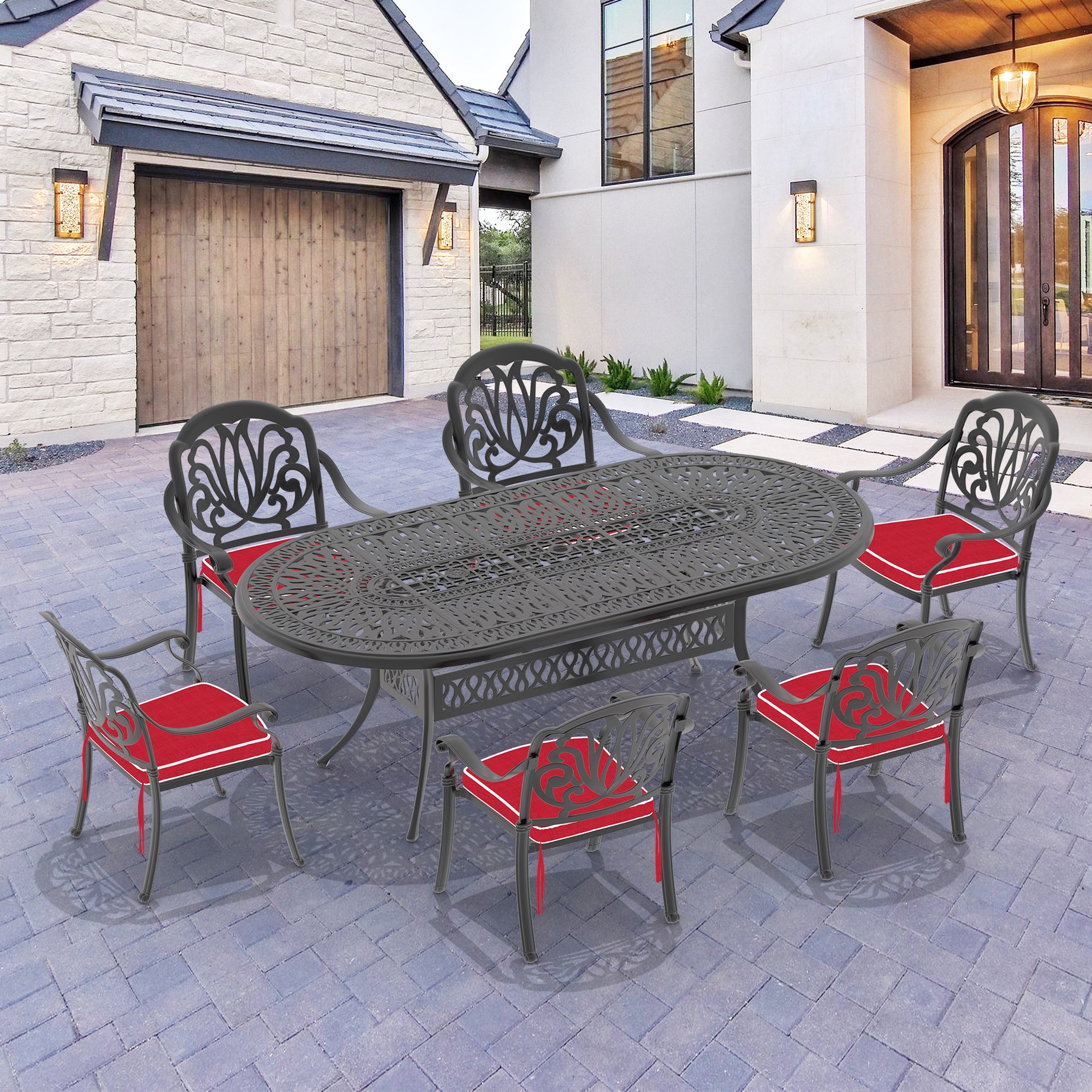 (Cushions In  Random Colors)7-Piece Set Of Cast Aluminum Patio Furniture With  Cushions--1