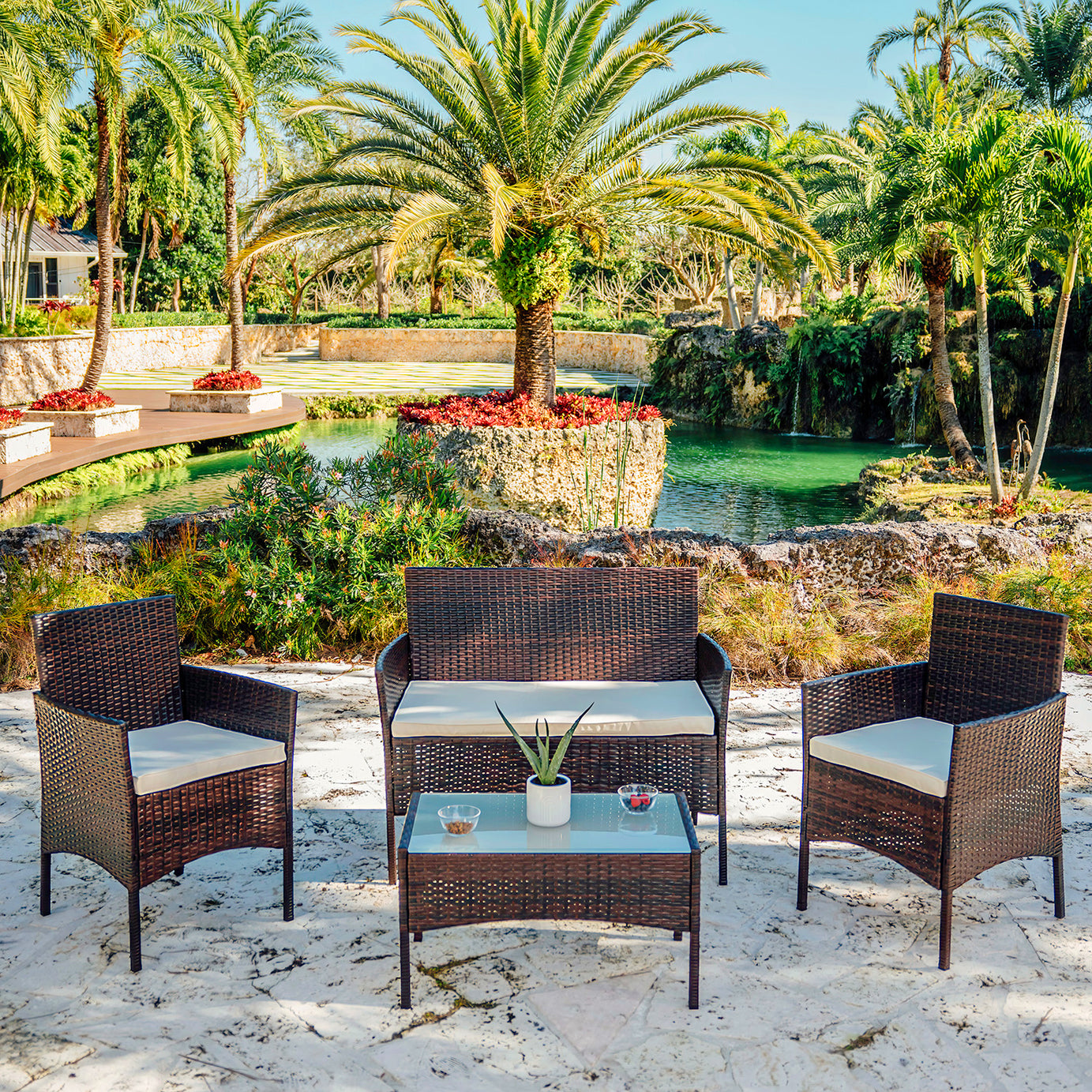 4 Piece Patio Furniture Wicker Conversation Set-• 1x Love Seat
 • 2x Arm Chairs
 • 1x Glass Coffee Table--1