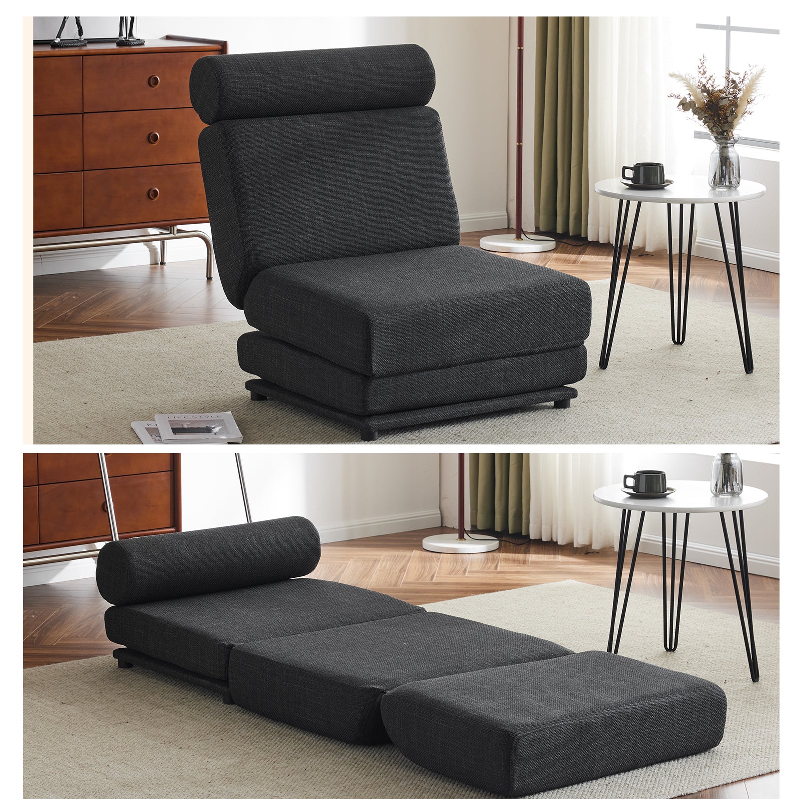 Single Sofa Chair Foldable Single Sofa Bed with Pillow,Portable Foldable Sofa Bed,Leisure Sofa Chair,Easy to Store,Made of Breathable and Wearable Linen,Dark Grey--1