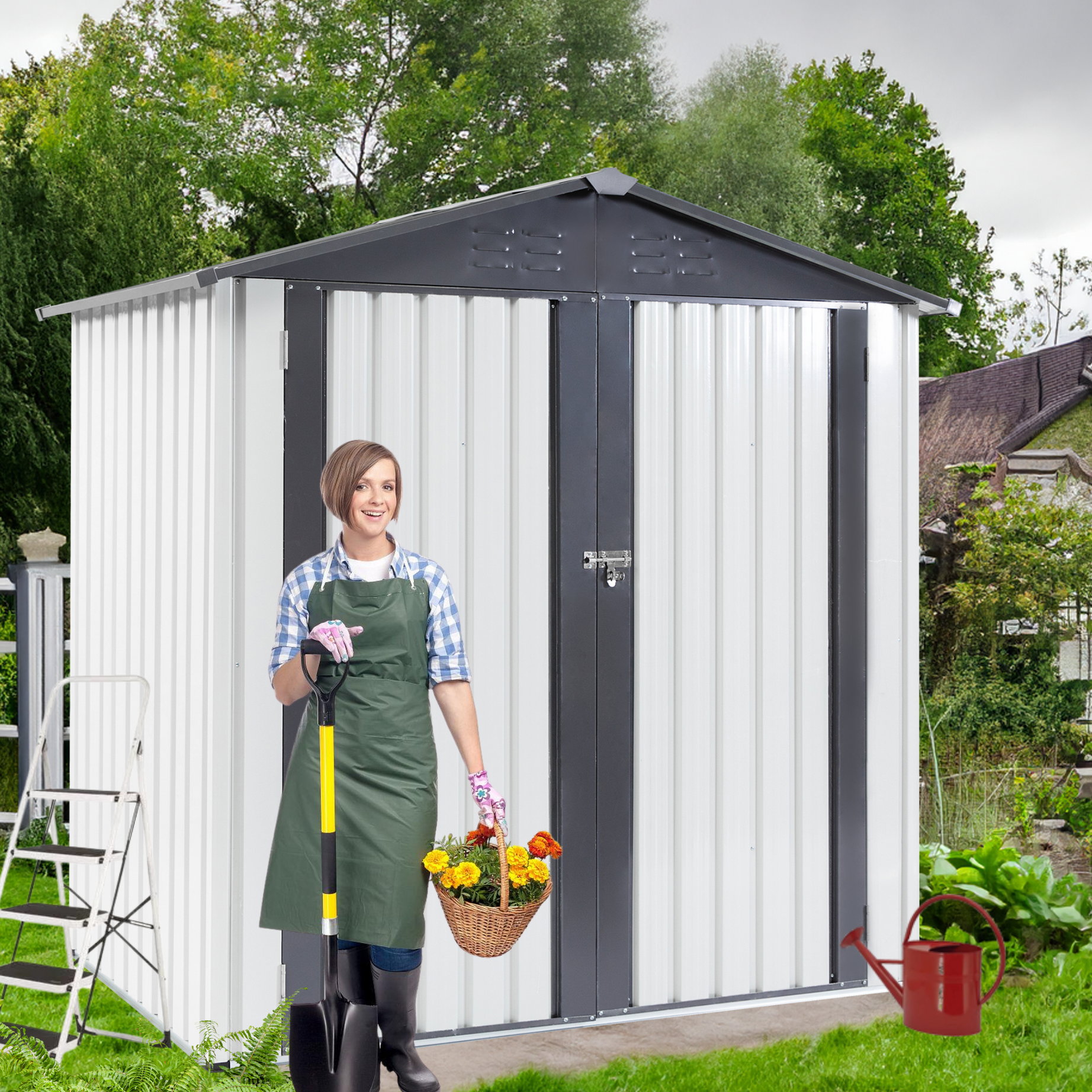 XWT014 Garden Metal Storage Shed Gray White 6x4x6ft outdoor storing tools Rainproof Hinge door version--1