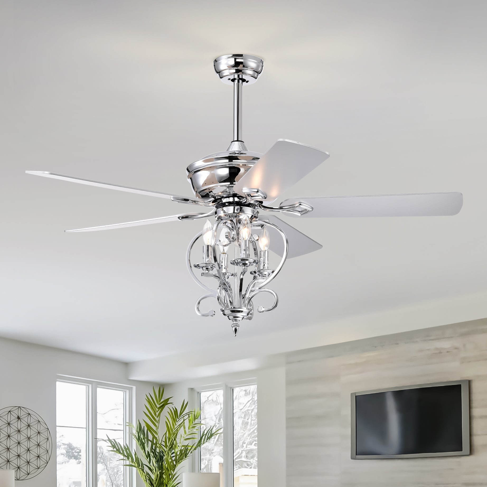 52 inch 4 Lights Ceiling Fan with 5 Wood Blades, Two-color fan blade, AC Motor, Remote Control, Reversible Airflow, 3-Speed, Adjustable Height, Traditional Ceiling Fan for home decorate (Silver)--1