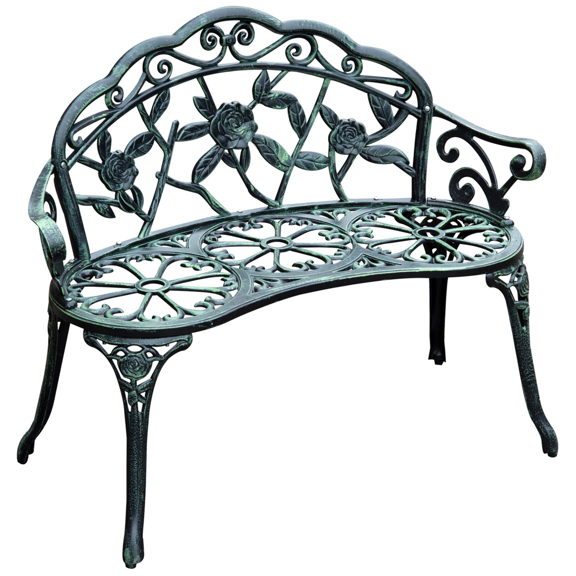 Outsunny Outdoor Bench, Cast Aluminum Outdoor Furniture, Metal Bench with Floral Rose Accent & Antique Finish, Green--1