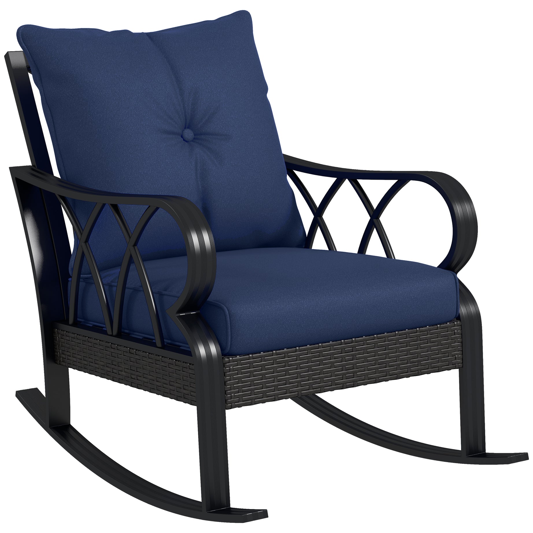 Outsunny Outdoor Wicker Rocking Chair with Padded Cushions, Aluminum Furniture Rattan Porch Rocker Chair w/ Armrest for Garden, Patio, and Backyard, Navy Blue--1