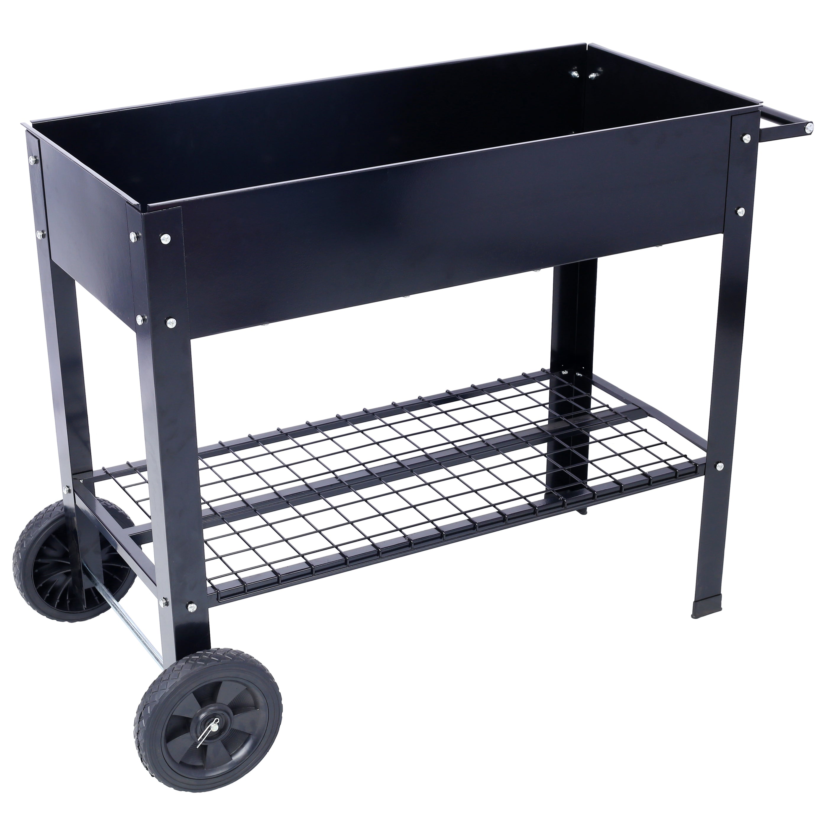 Products Elevated Mobile Raised Ergonomic Metal Planter Garden Bed for Backyard, Patio w/Wheels, Lower Shelf, black--1