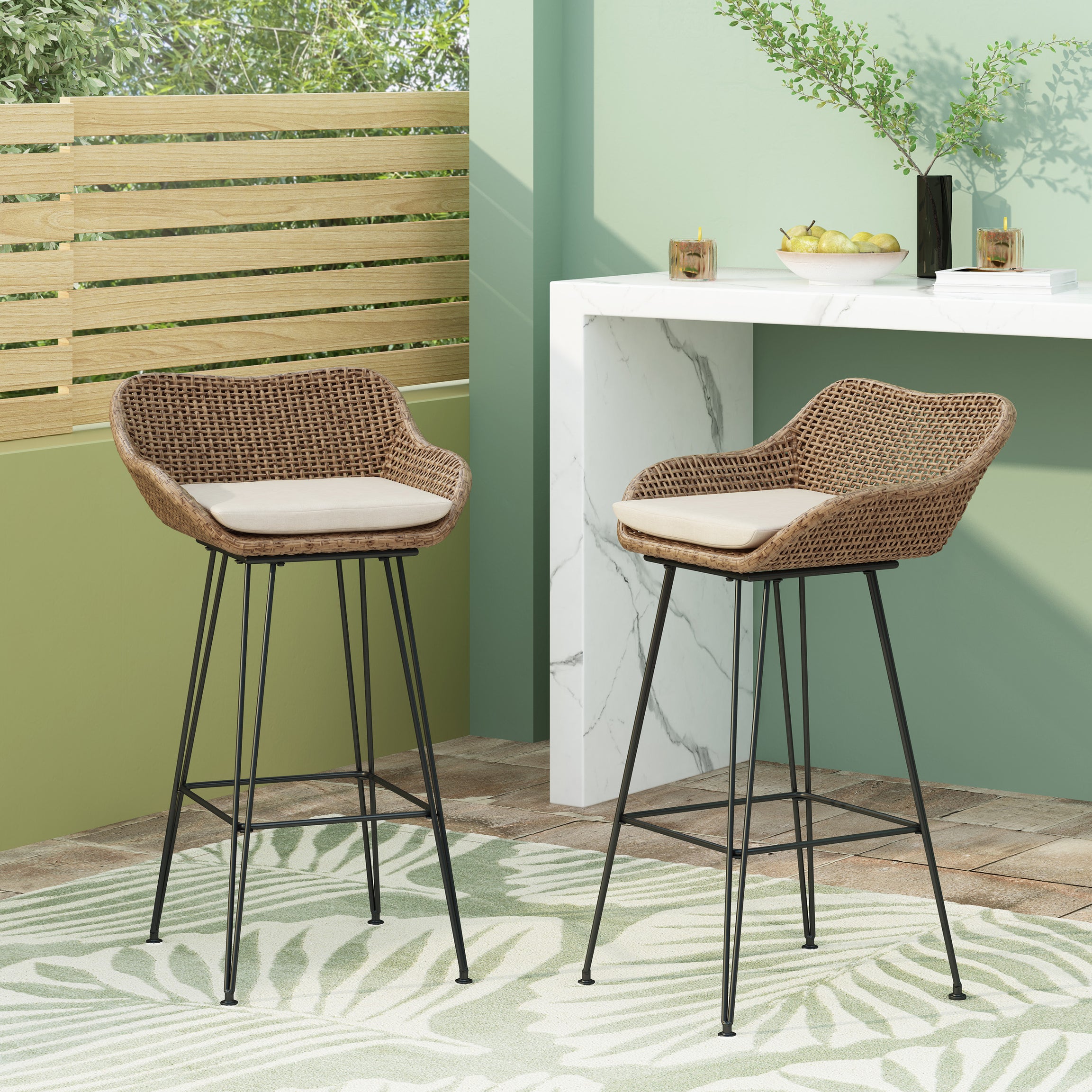 Outdoor 29.25'' Wicker and Iron Barstool with Cushion (Set of 2)--1