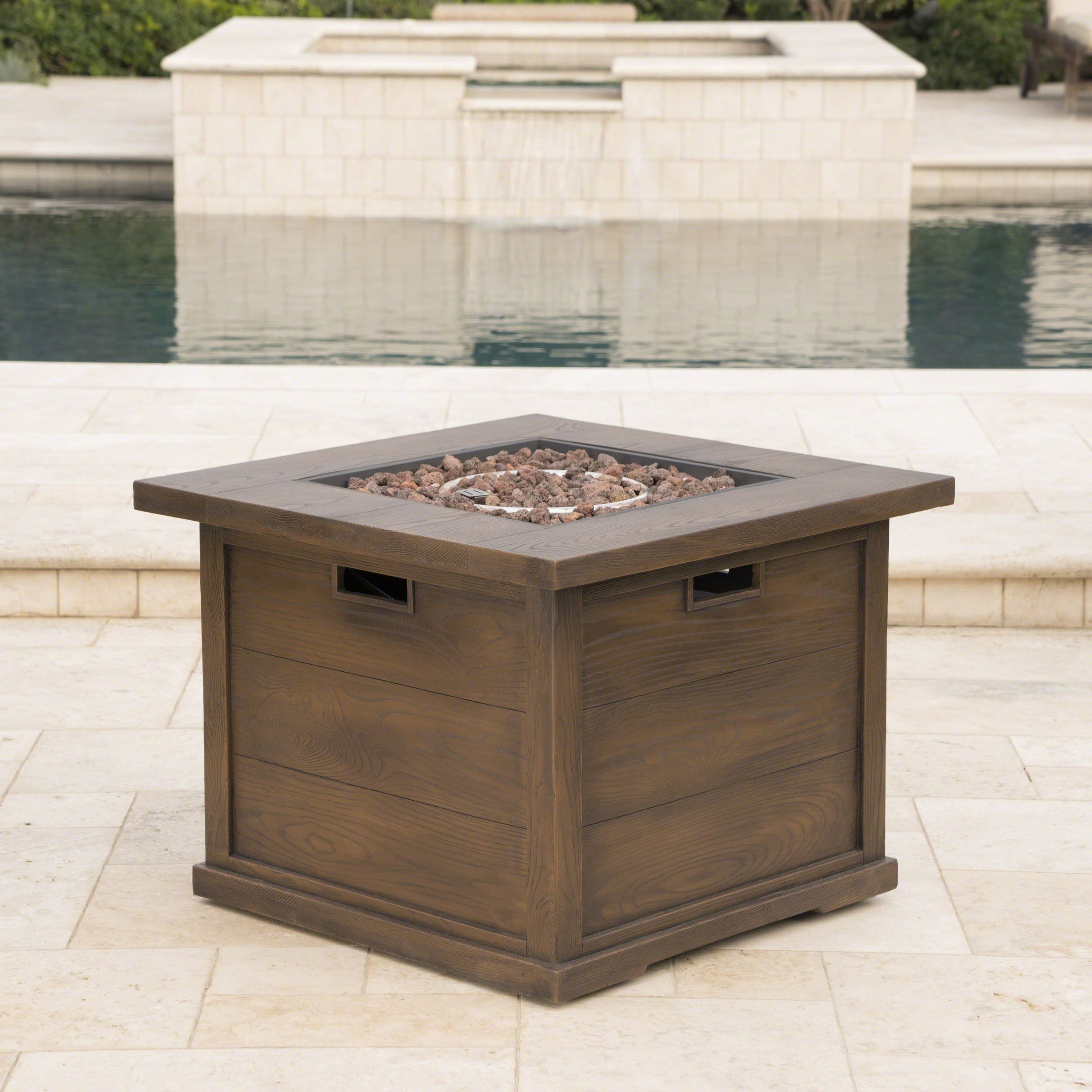 Patio Outdoor 24'' H x 32'' W Square Gas Burning Concrete Fire Pit Wood Pattern - Brown - 40,000 BTU--1