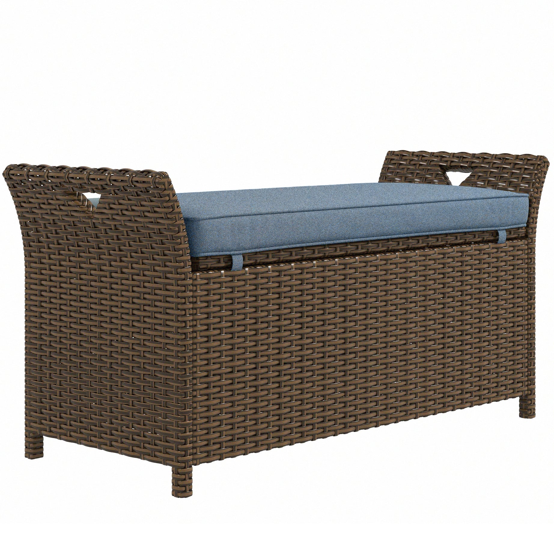 Outsunny 27 Gallon Patio Wicker Storage Bench, Outdoor PE Rattan Patio Furniture, 2-In-1 Large Capacity Rectangle Garden Storage Box with Handles and Cushion, Dark Blue--1