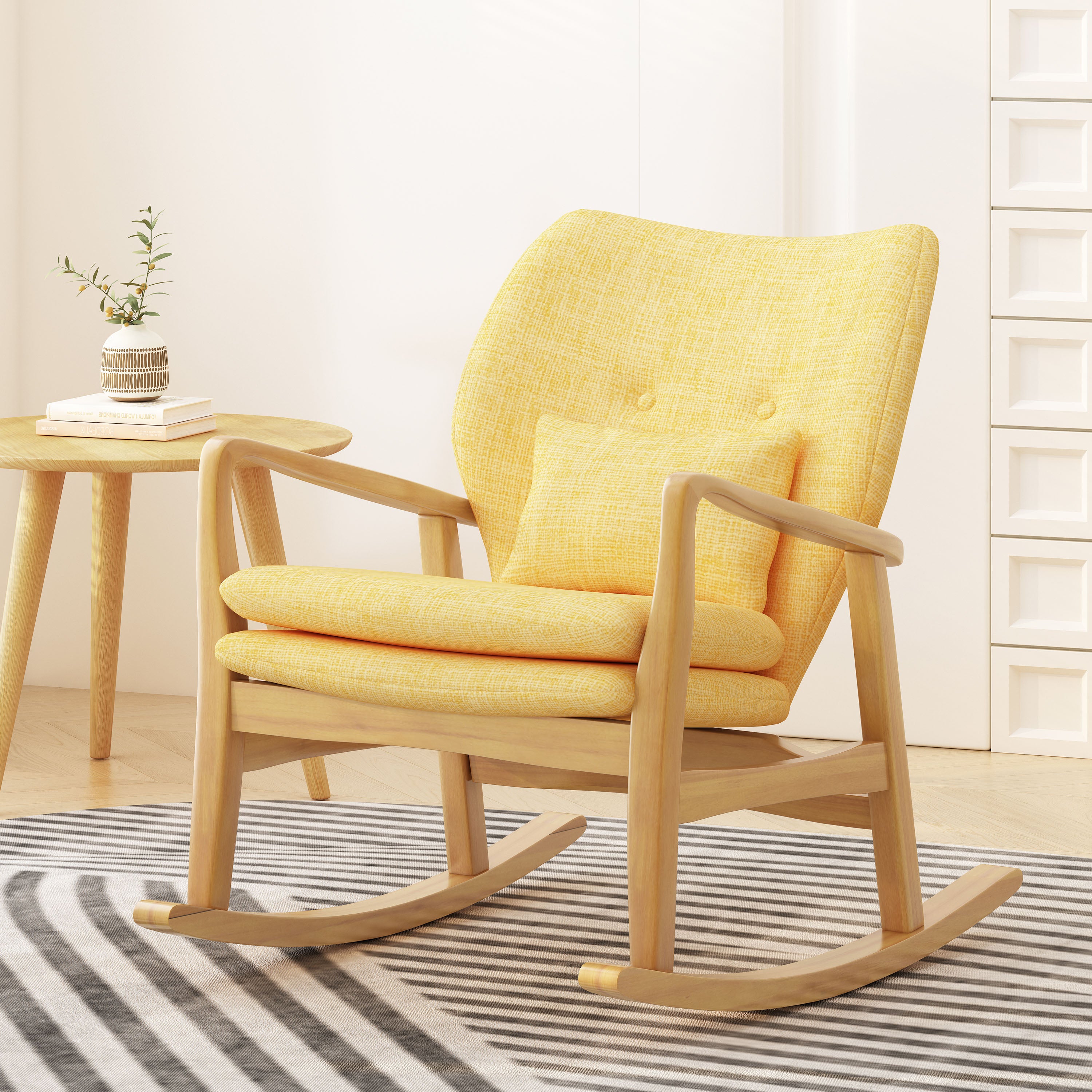 Elegant Solid Wood Rocking Chair with Yellow Linen Cushion--1