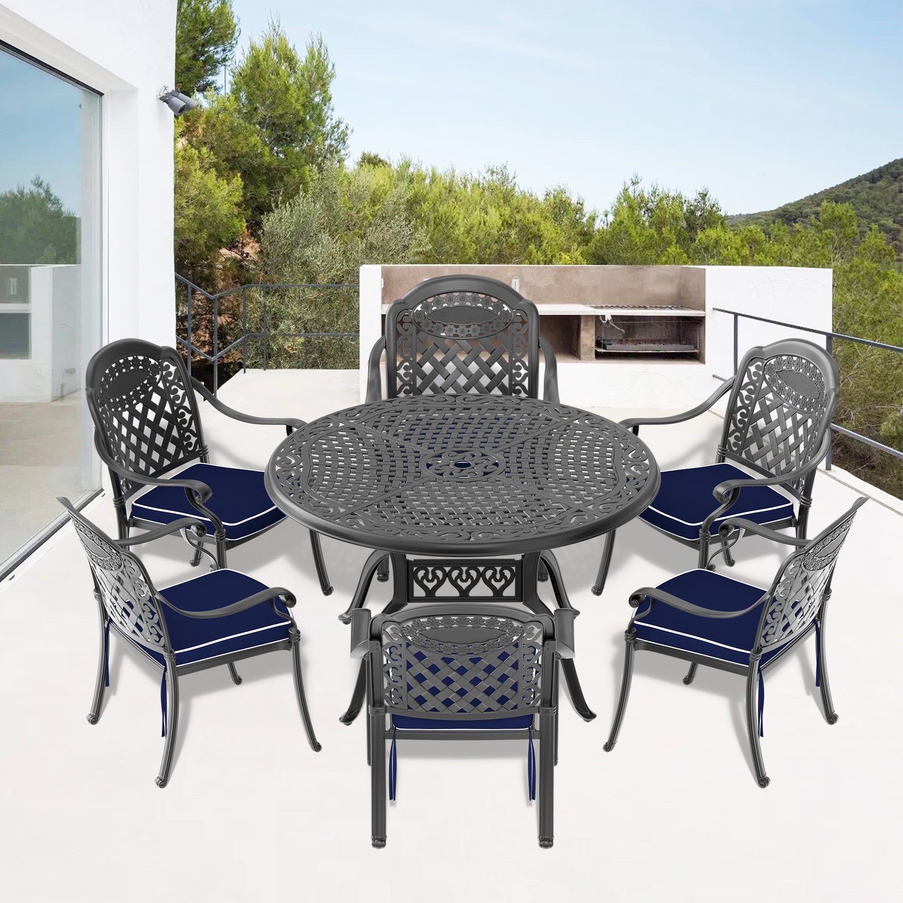 (Cushions In  Random Colors)7-Piece Set Of Cast Aluminum Patio Furniture With  Cushions--1