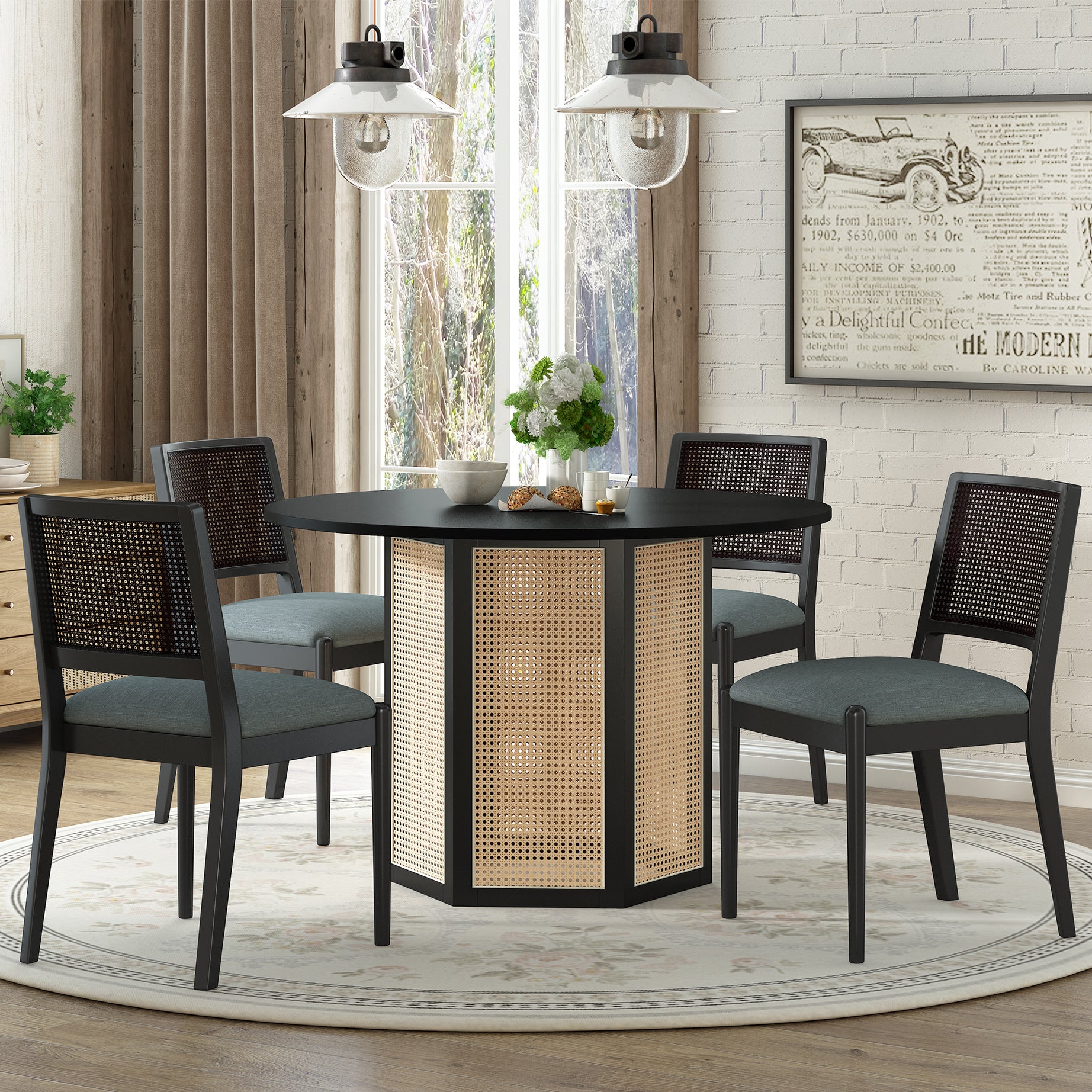 TOPMAX 5-Piece Rattan Round Dining Table Set, Wood Table with Hexagonal Base and Upholstered Chairs for Dining Room, Kitchen,Indoor Use, Black+Gray--1