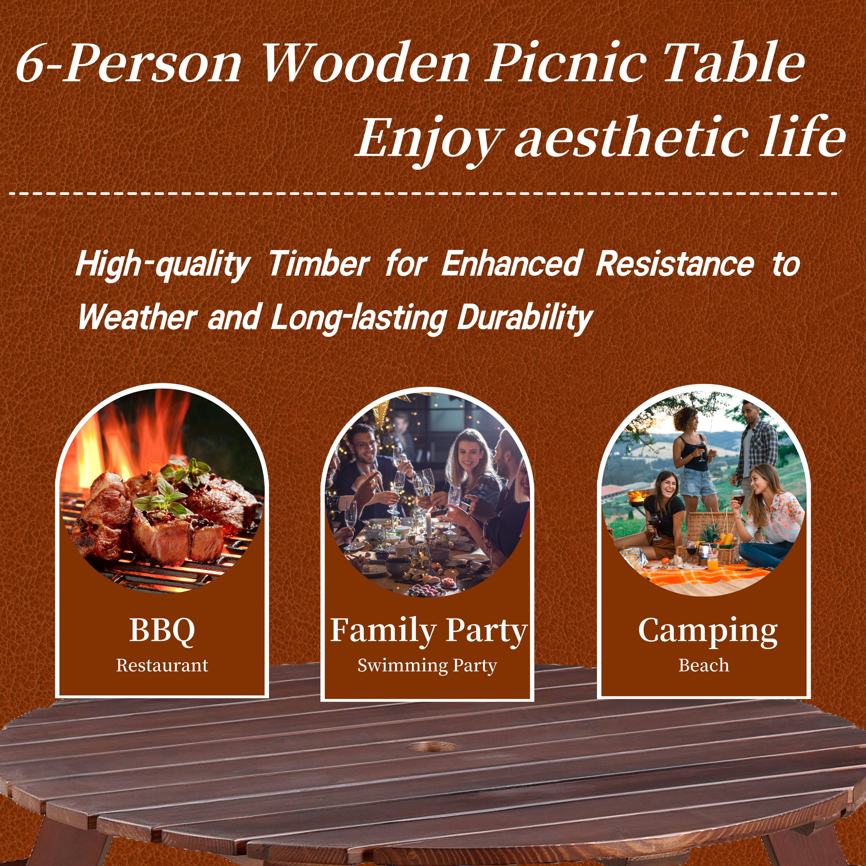 Outdoor 6 Person Picnic Table, 6 person Round Picnic Table with 3 Built-in Benches, Umbrella Hole, Outside Table and Bench Set for Garden, Backyard, Porch, Patio, Brown--5