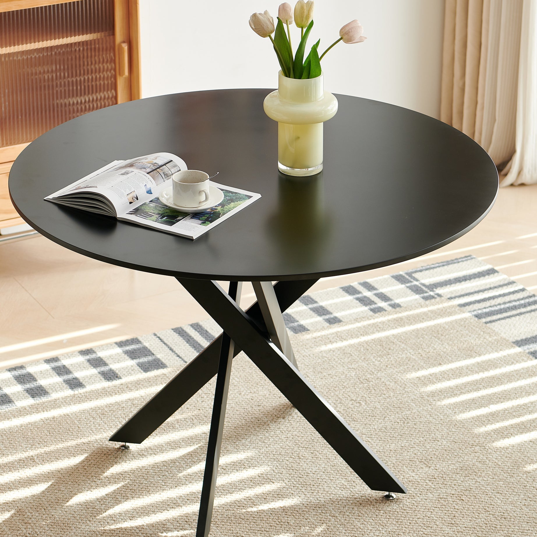 42.1"BLACK Table Mid-century Dining Table for 4-6 people With Round Mdf Table Top, Pedestal Dining Table, End Table Leisure Coffee Table,cross leg--1