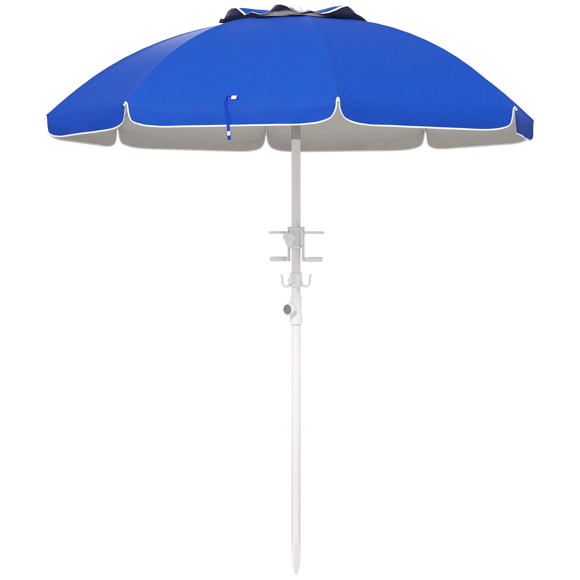 Outsunny 5.7' Portable Beach Umbrella with Tilt, Adjustable Height, 2 Cup Holders & Hooks, UV 40+ Ruffled Outdoor Umbrella with Vented Canopy, Blue--1