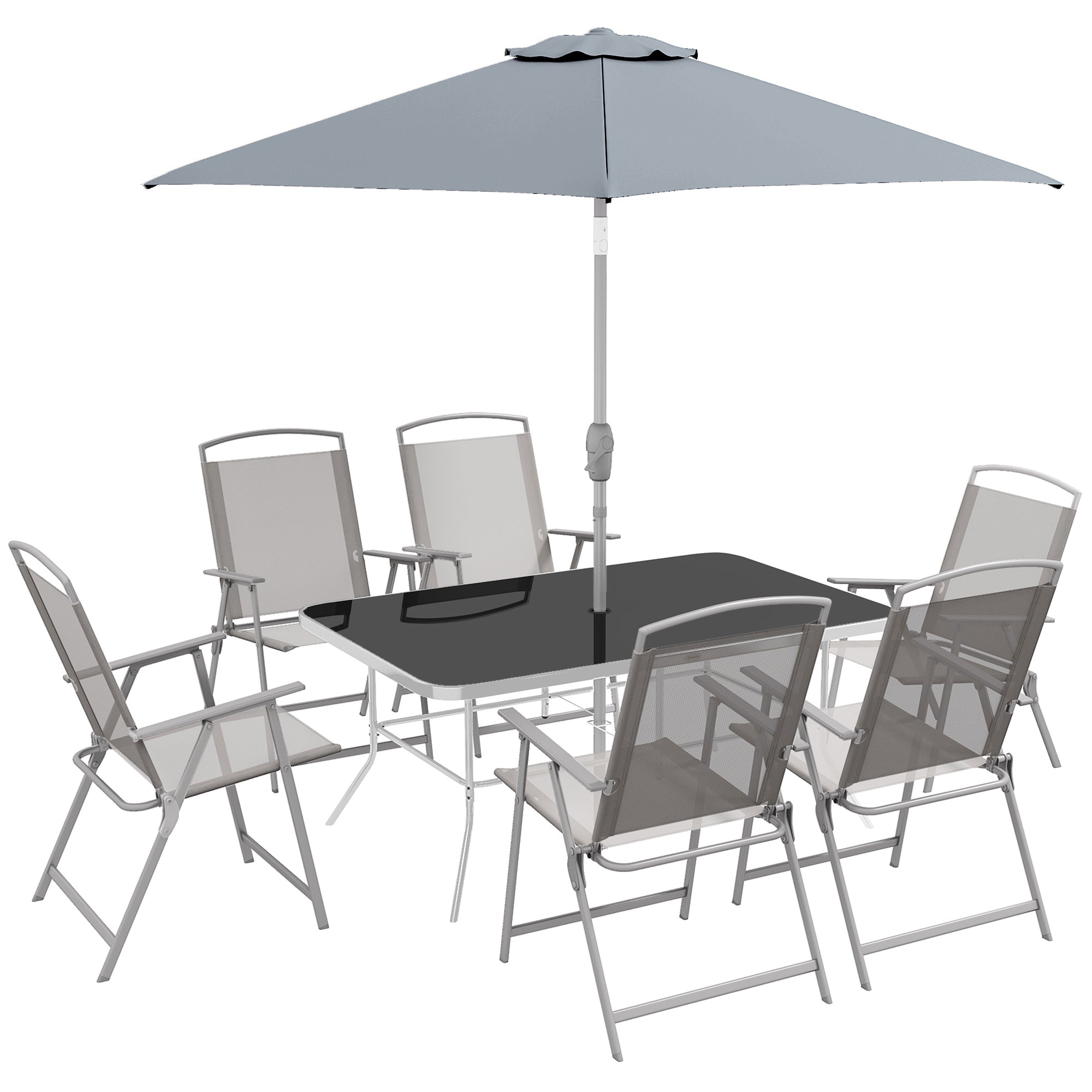 Outsunny 8 Piece Patio Dining Set with Table Umbrella, 6 Folding Chairs and Rectangle Dining Table, Outdoor Patio Furniture Set, Gray--1