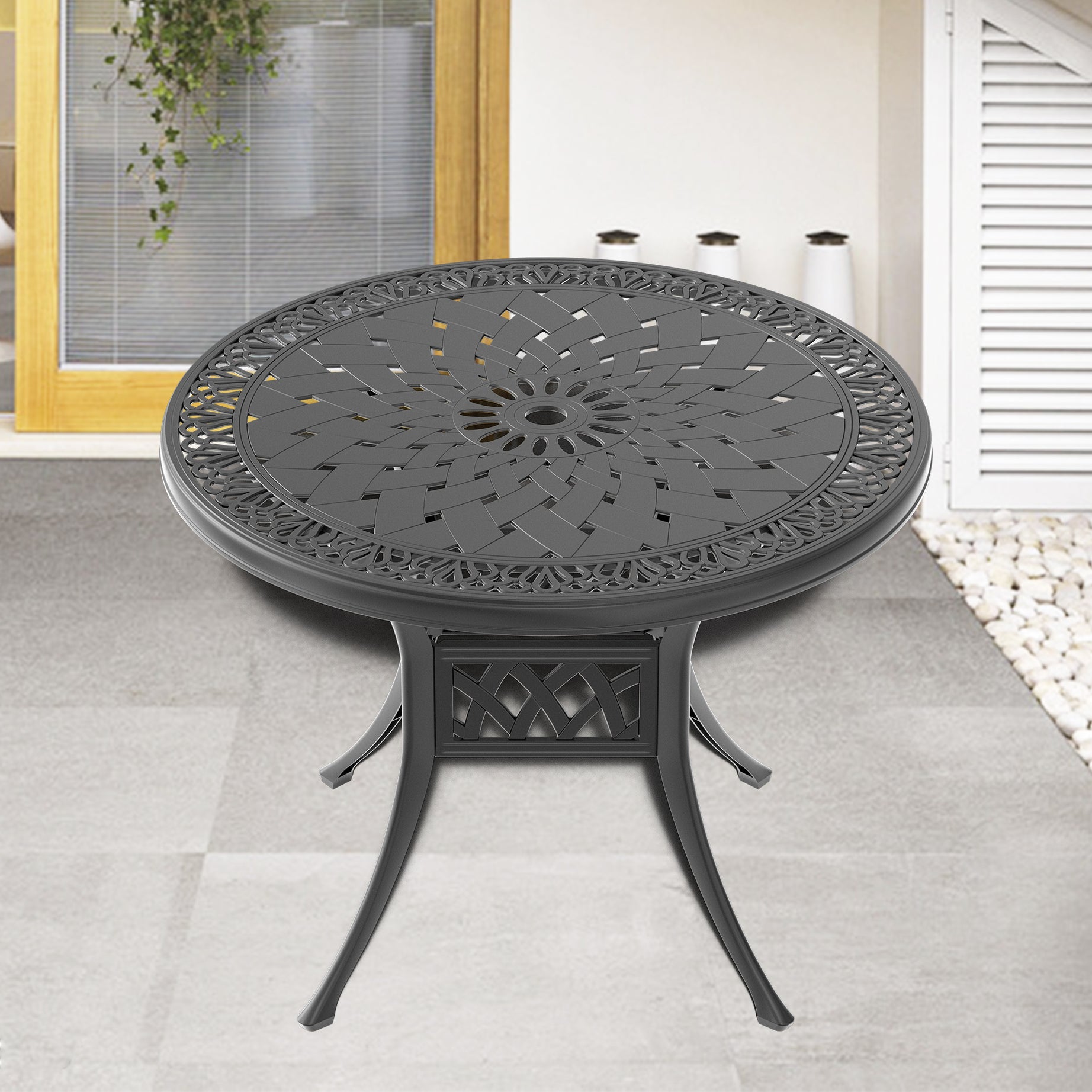 Ø35.43-inch Cast Aluminum Patio Dining Table with Black Frame and Umbrella Hole--1