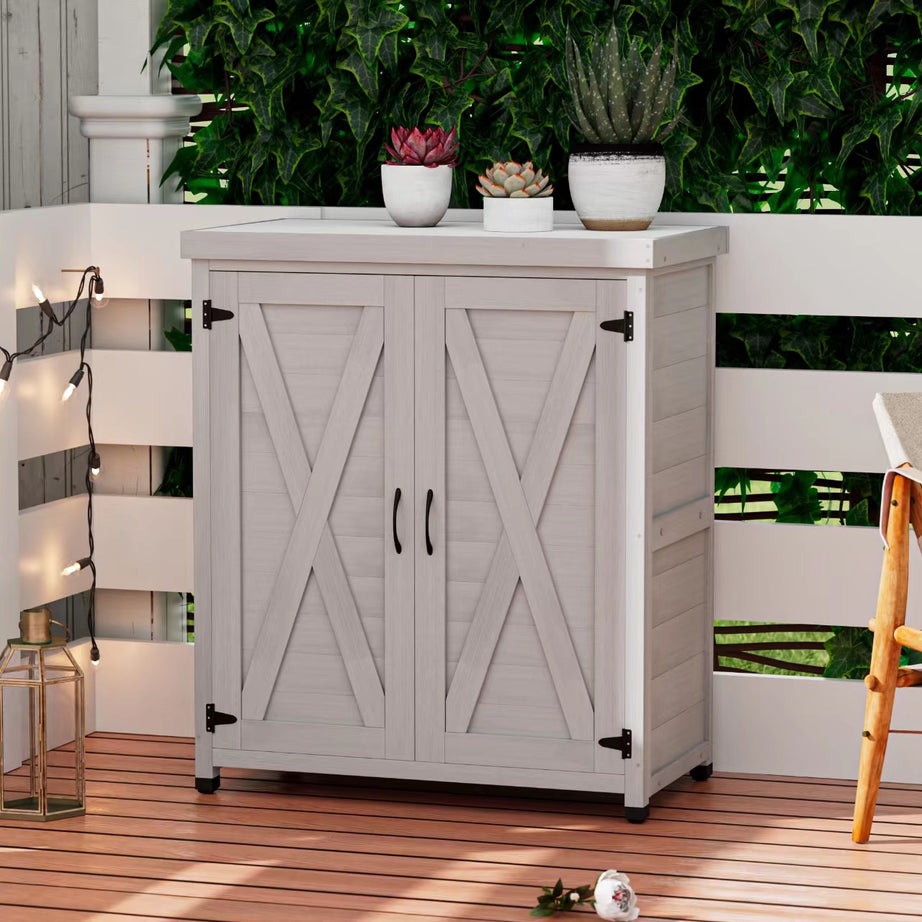 Potting Bench with Storage Cabinet and Metal Table Top for Outdoor Patio,Outdoor Work Station Table--1