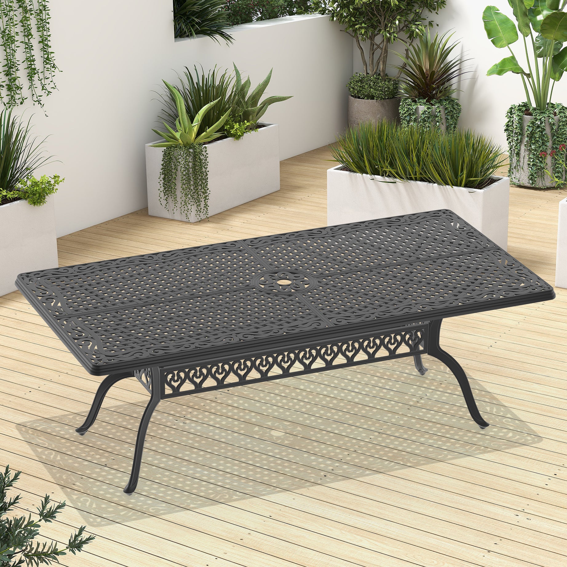 L82.68*W41.34-inch  Cast Aluminum Patio Dining Table with Black Frame and Umbrella Hole--1