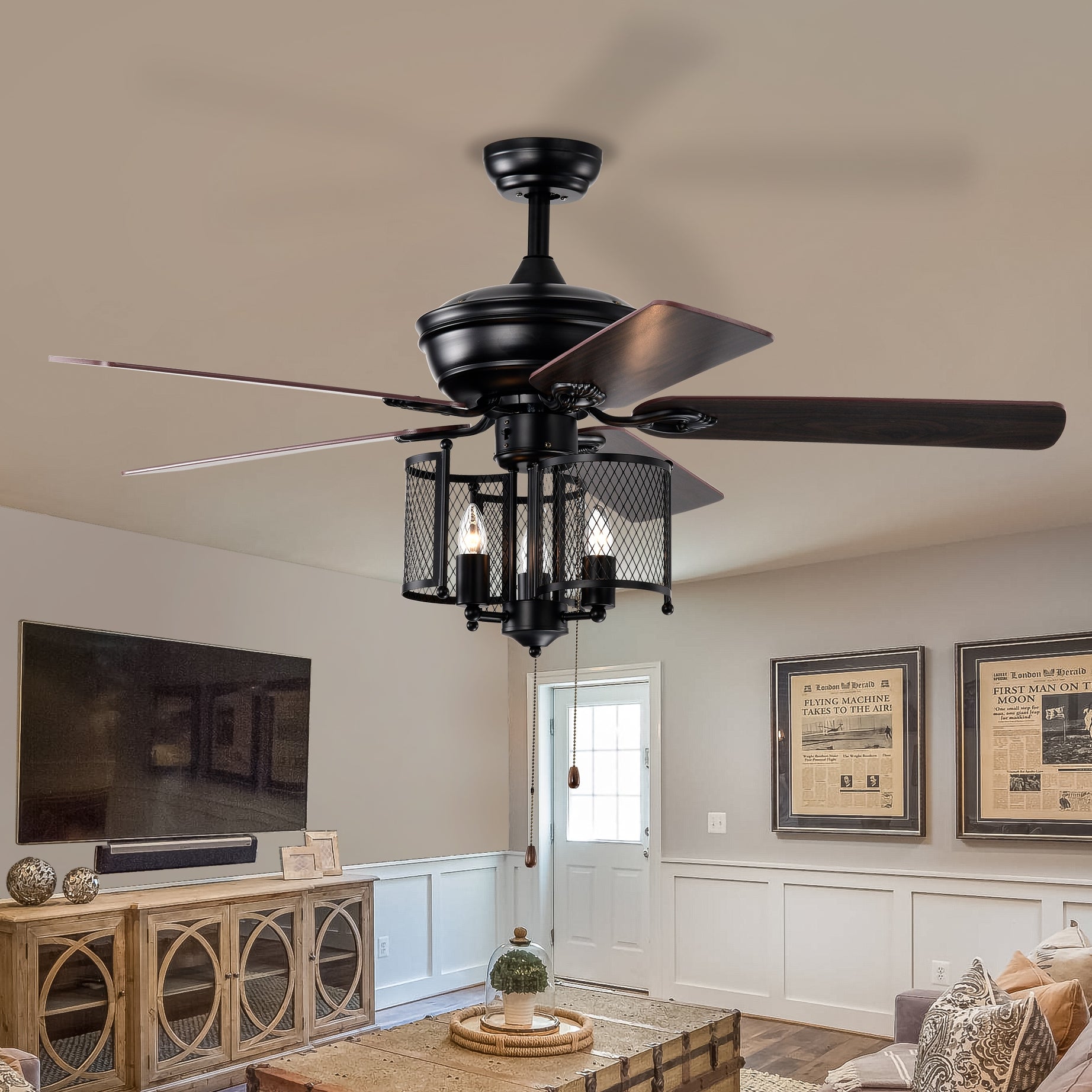 52'' Farmhouse Ceiling Fan  5PCS  Dual Finish Blades  Industrial Fandelier for Living room Bedroom Patio --Matte Black--Hand Pull Chain--1