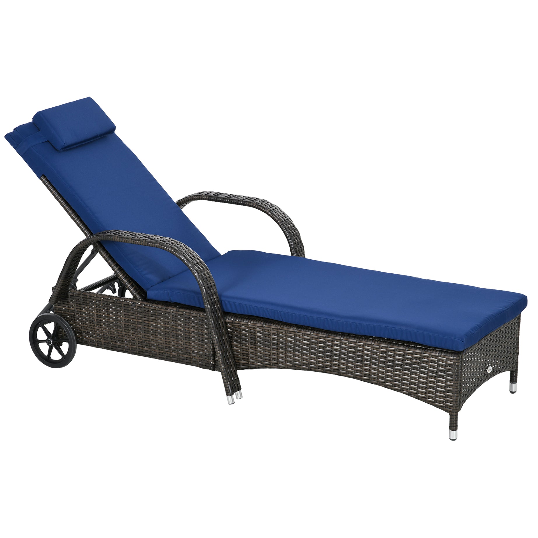 Outsunny Wicker Outdoor Chaise Lounge, 5-Level Adjustable Backrest PE Rattan Pool Lounge Chair with Wheels, Cushion & Headrest, Brown and Dark Blue--1