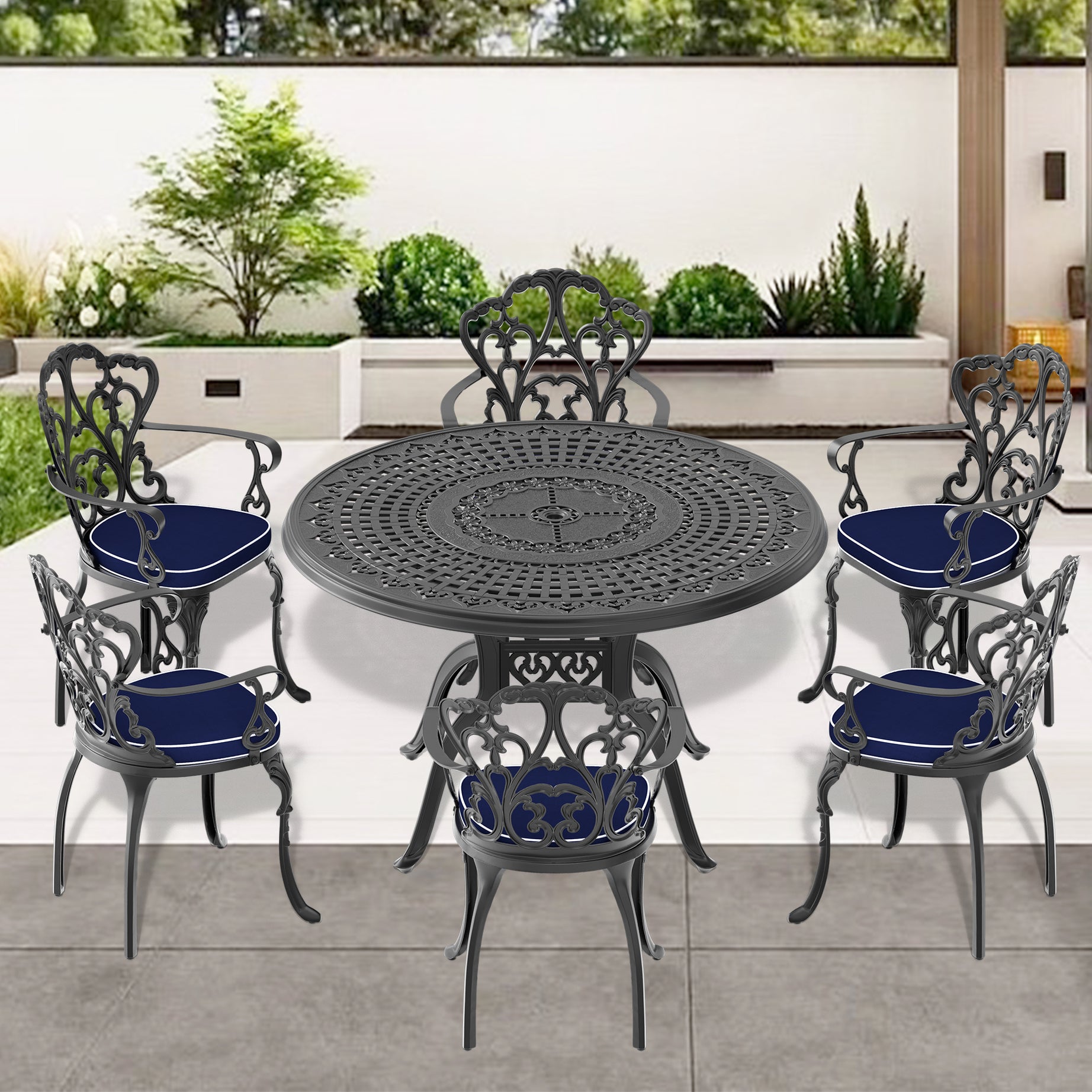 (Cushions In  Random Colors)7-Piece Set Of Cast Aluminum Patio Furniture With  Cushions--1