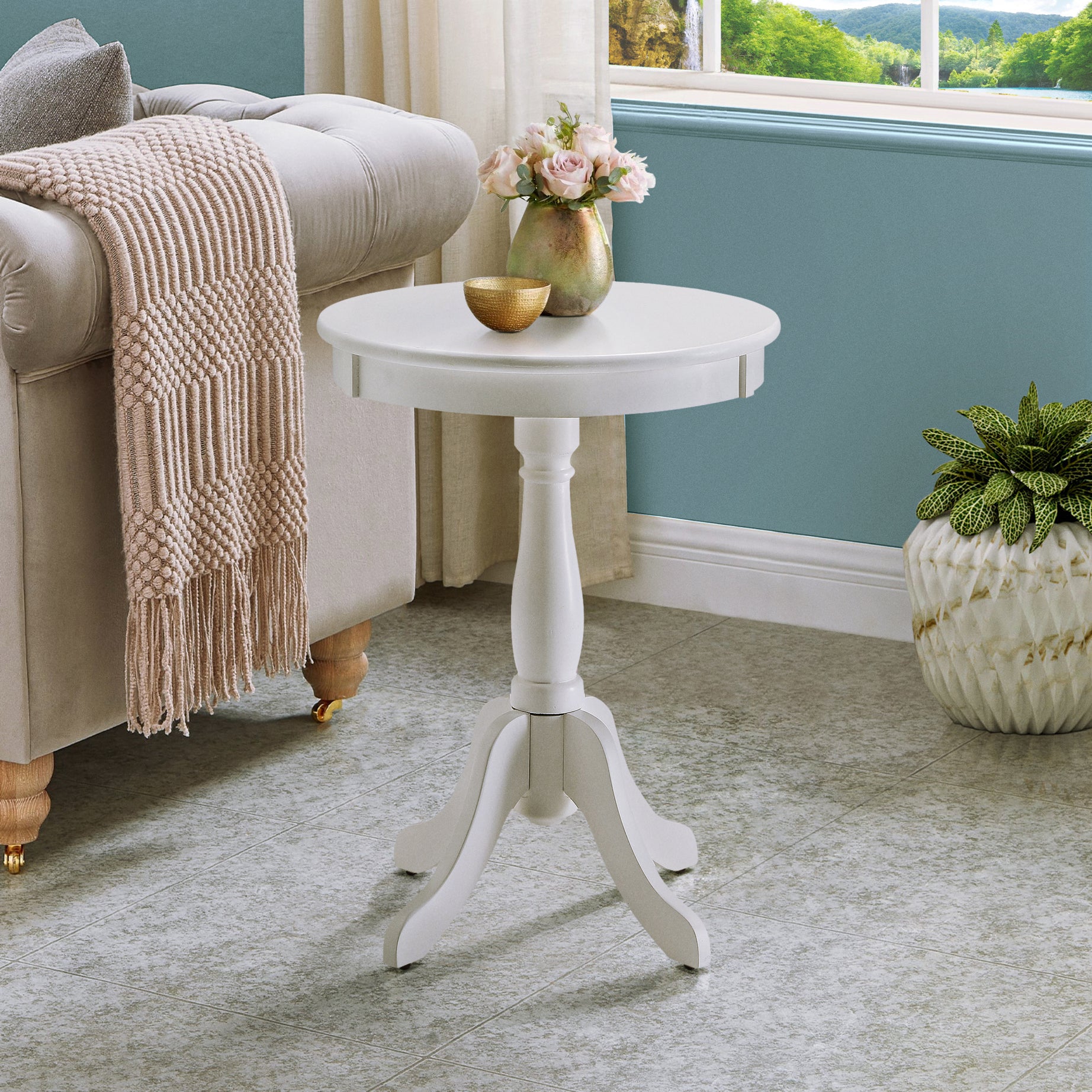 White Side Table with Turned Pedestal--1