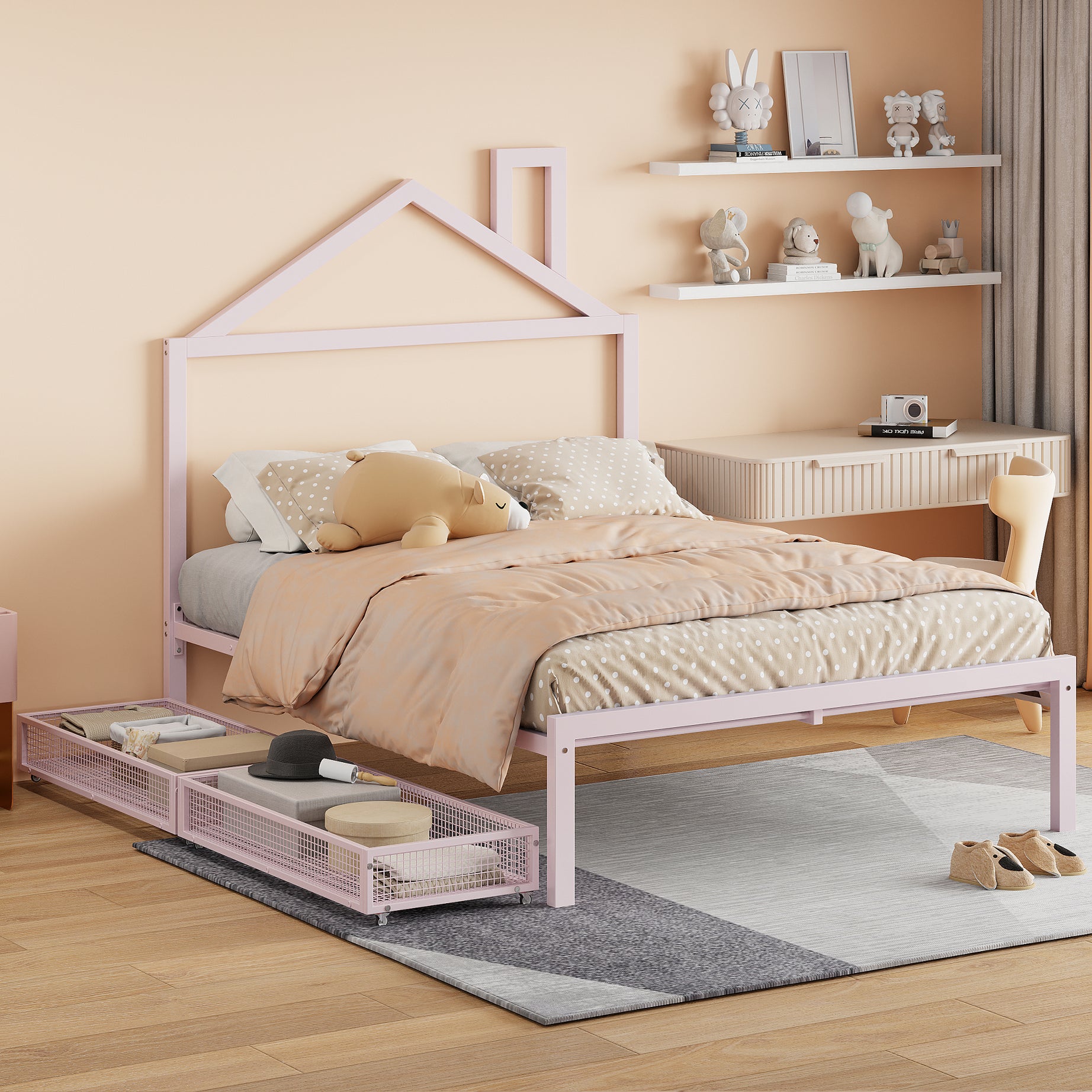 Full Size Metal Platform Bed with two drawers,House-Shaped Headboard Design, Pink--1