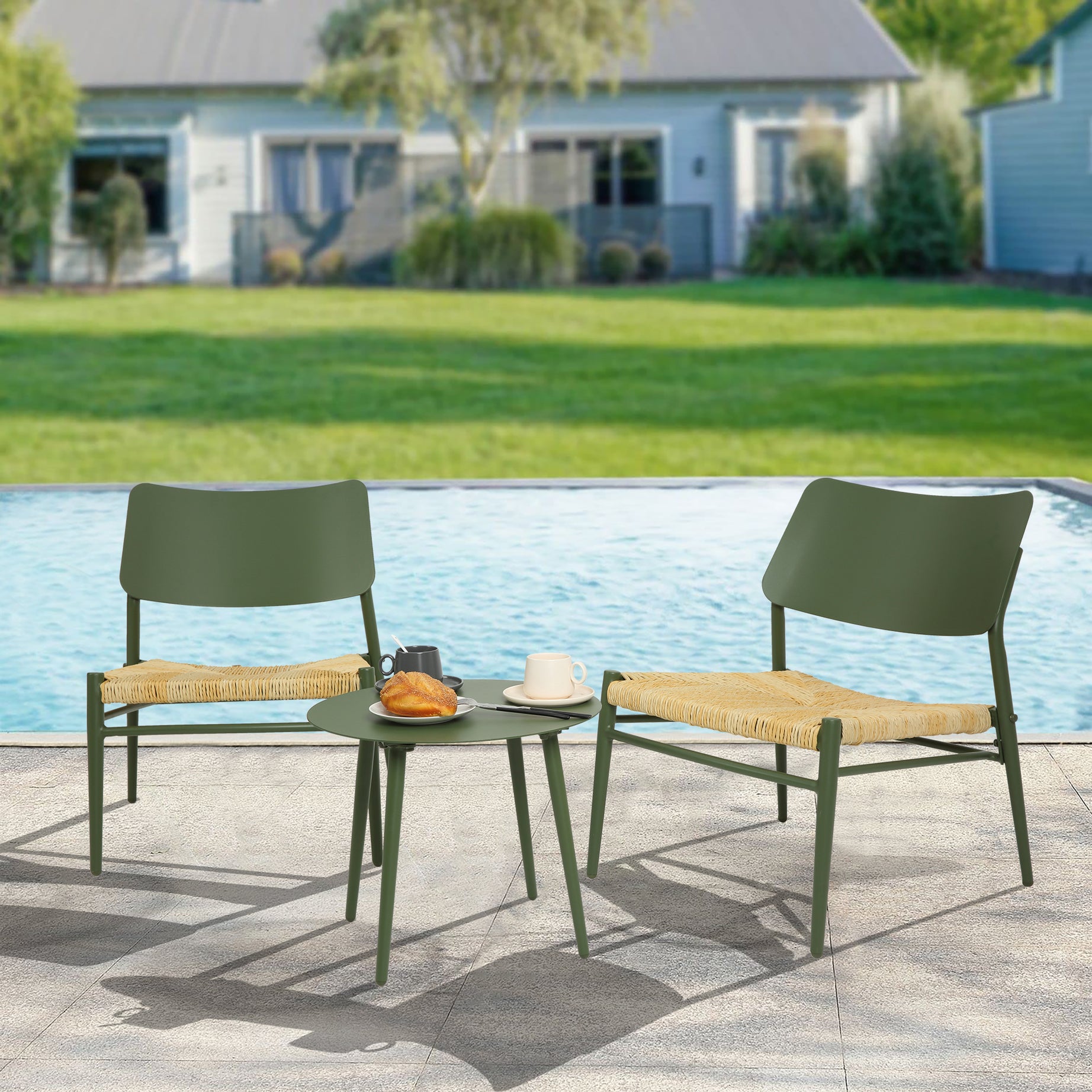 Aluminium 3 Piece Patio Set Bistro Table and Chairs Set , Backyard, Garden, Living Room, Green--1