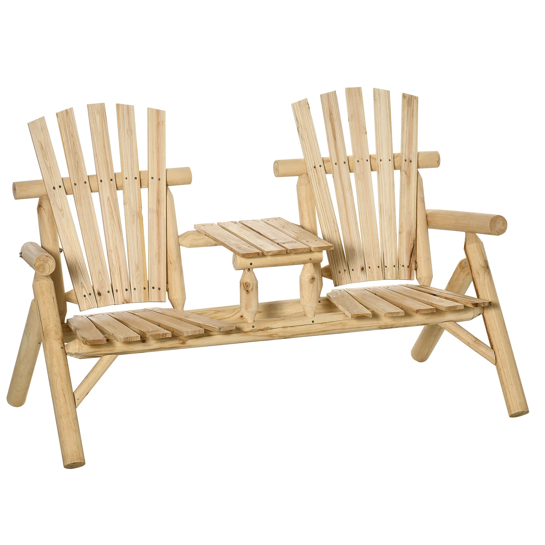 Outsunny 2-Seat Wooden Adirondack Chair, Patio Bench with Table, Outdoor Loveseat Fire Pit Chair for Porch, Backyard, Deck, Natural--1