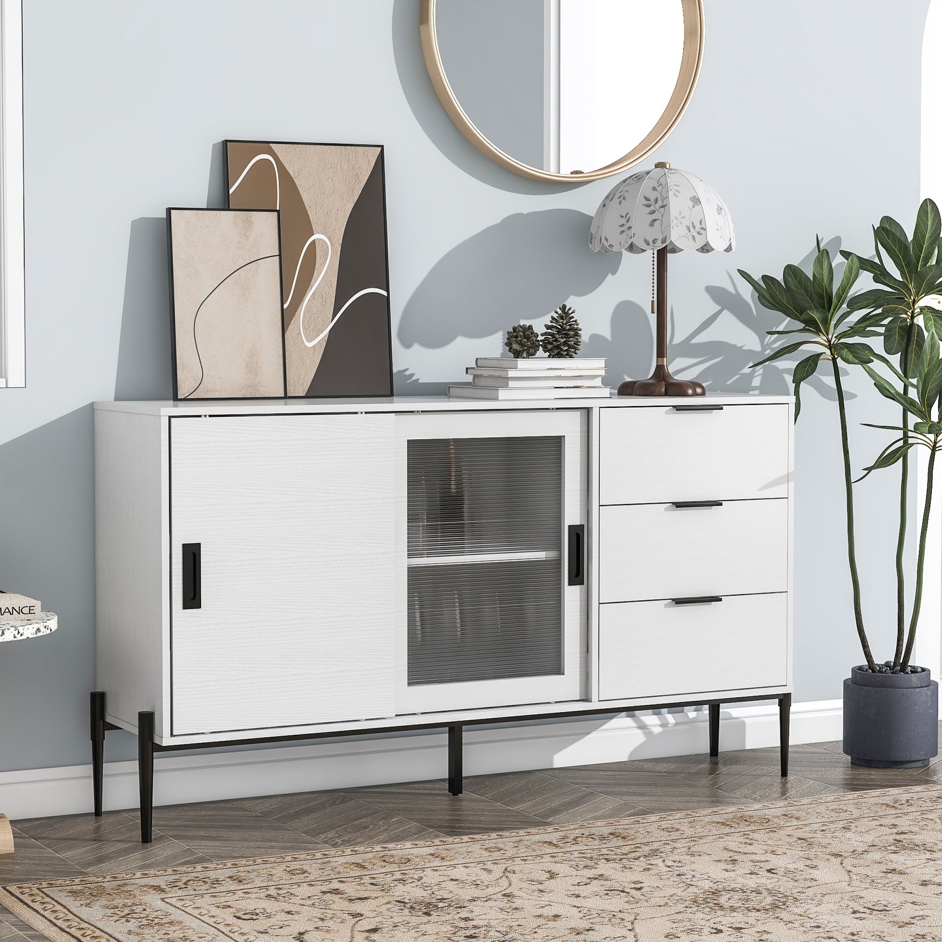 Modern Featured Storage Cabinet Sideboard with Glass Sliding Door and 3 Drawers, Entryway Console Table Kitchen Buffet Cabinet for Corridors Entrances Kitchen Study White--1