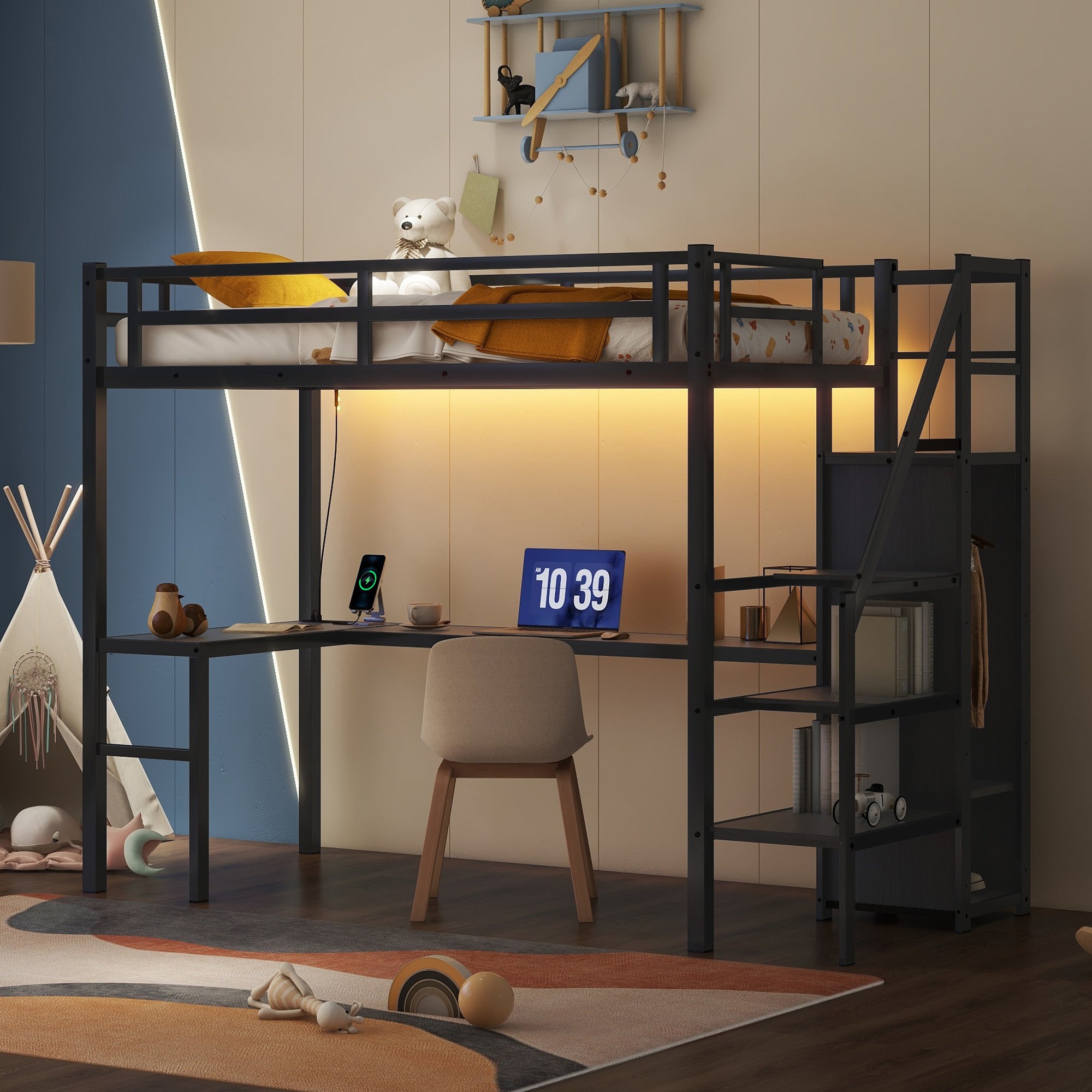 Twin XL Size Loft Bed with L-shaped Desk and USB, Metal Loft Bed with Wardrobe and Adjustable Shelf, High Loft Bed with LED for Kids Teens Adults, Black--1