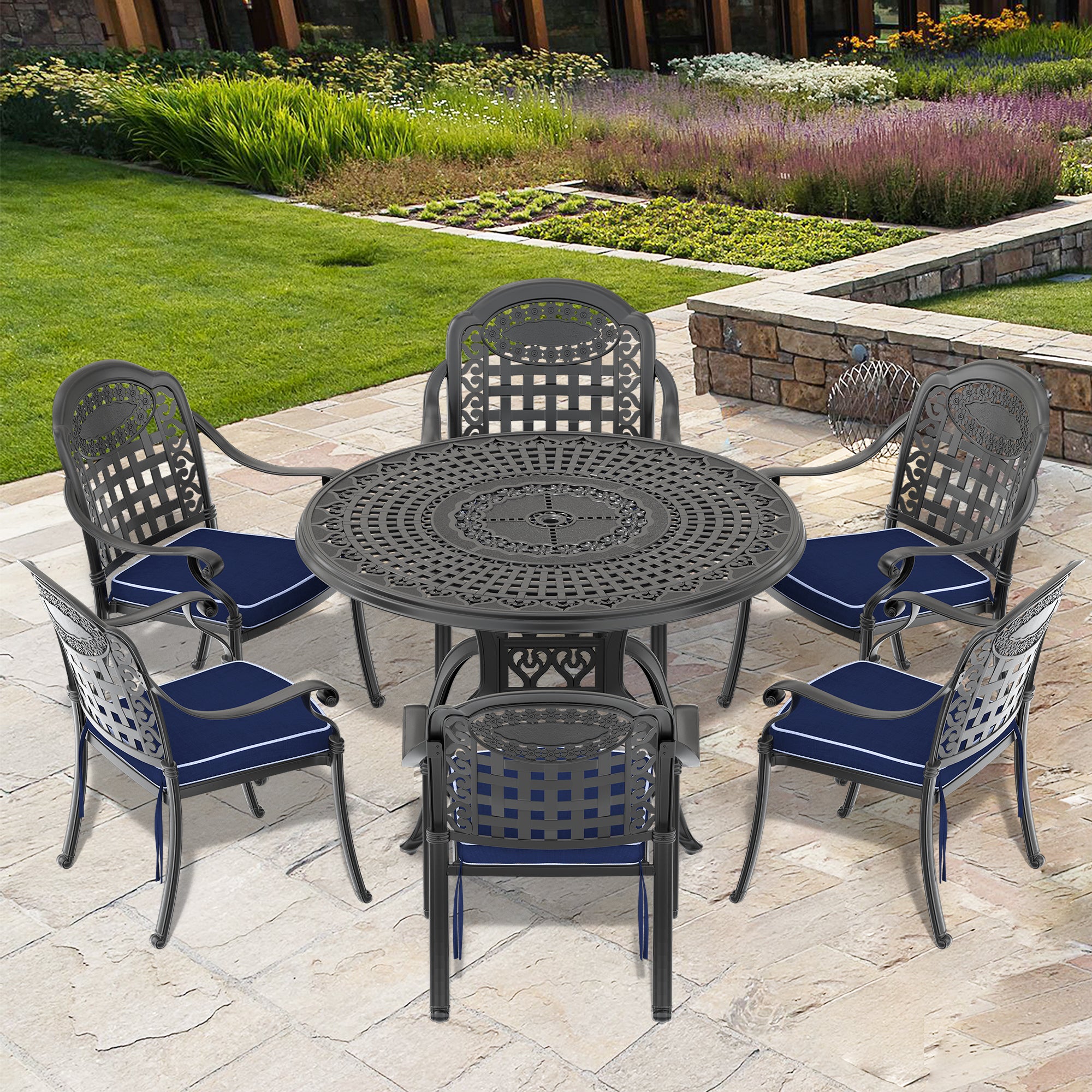 (Cushions In  Random Colors)7-Piece Set Of Cast Aluminum Patio Furniture With  Cushions--1