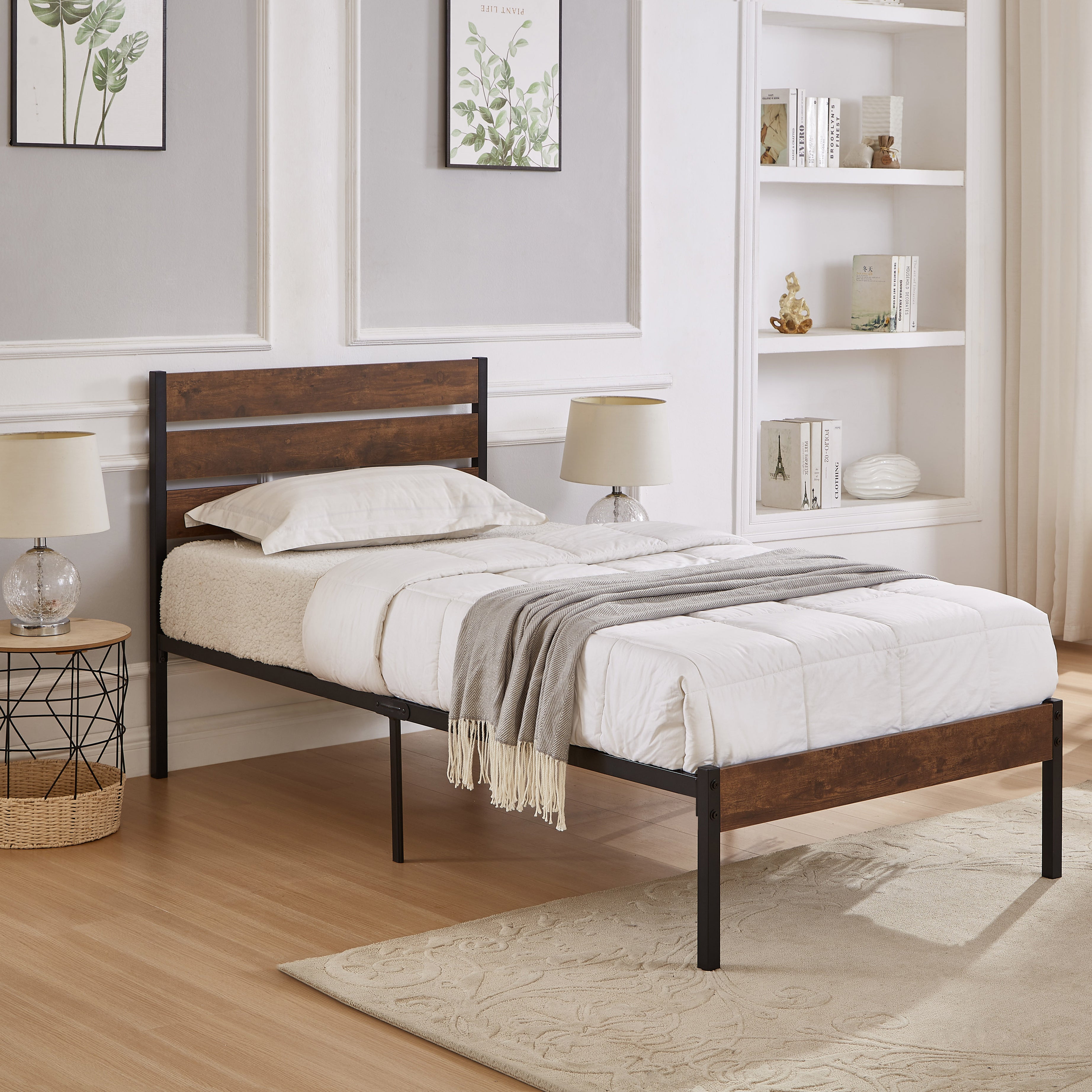 Twin Size Bed Frame with Wood Headboard, Metal Frame with Strong Slats, Noise Free,No Box Spring Needed-Brown--1