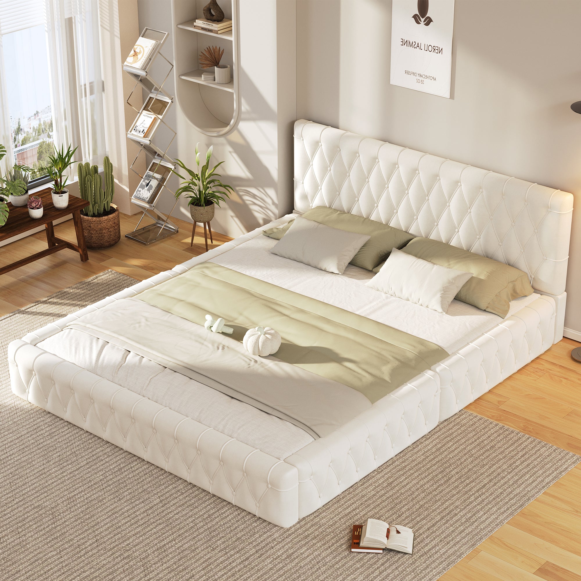 Queen Size Upholstered Bed with Tufted Headboard, Modern Velvet Platform Bed , No Box Spring Required, White--1