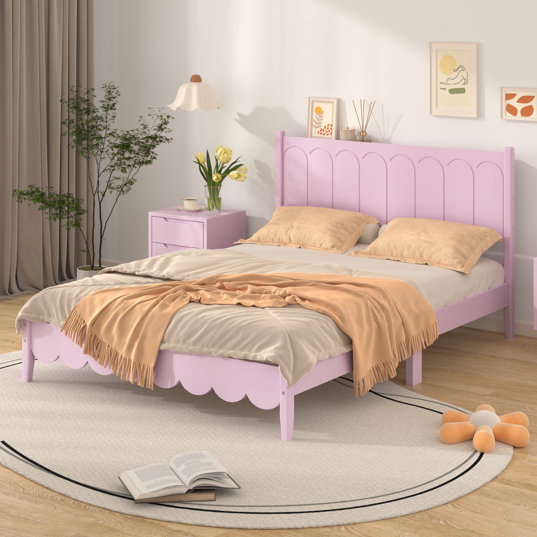 Full Size Wood Platform Bed Frame, Retro Style  Bed with Rectangular Headboard,No Need Box Spring,Pink--1