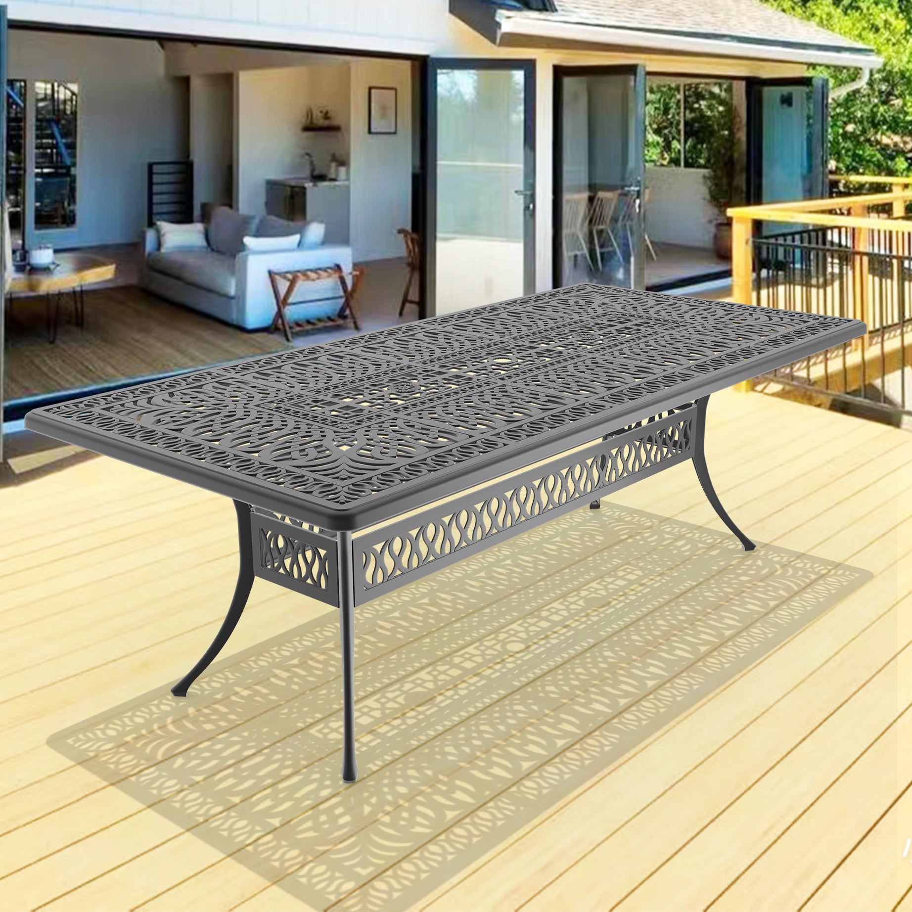 L86.61*W42.32-inch Oval Cast Aluminum Patio Dining Table with Black Frame and Umbrella Hole--1