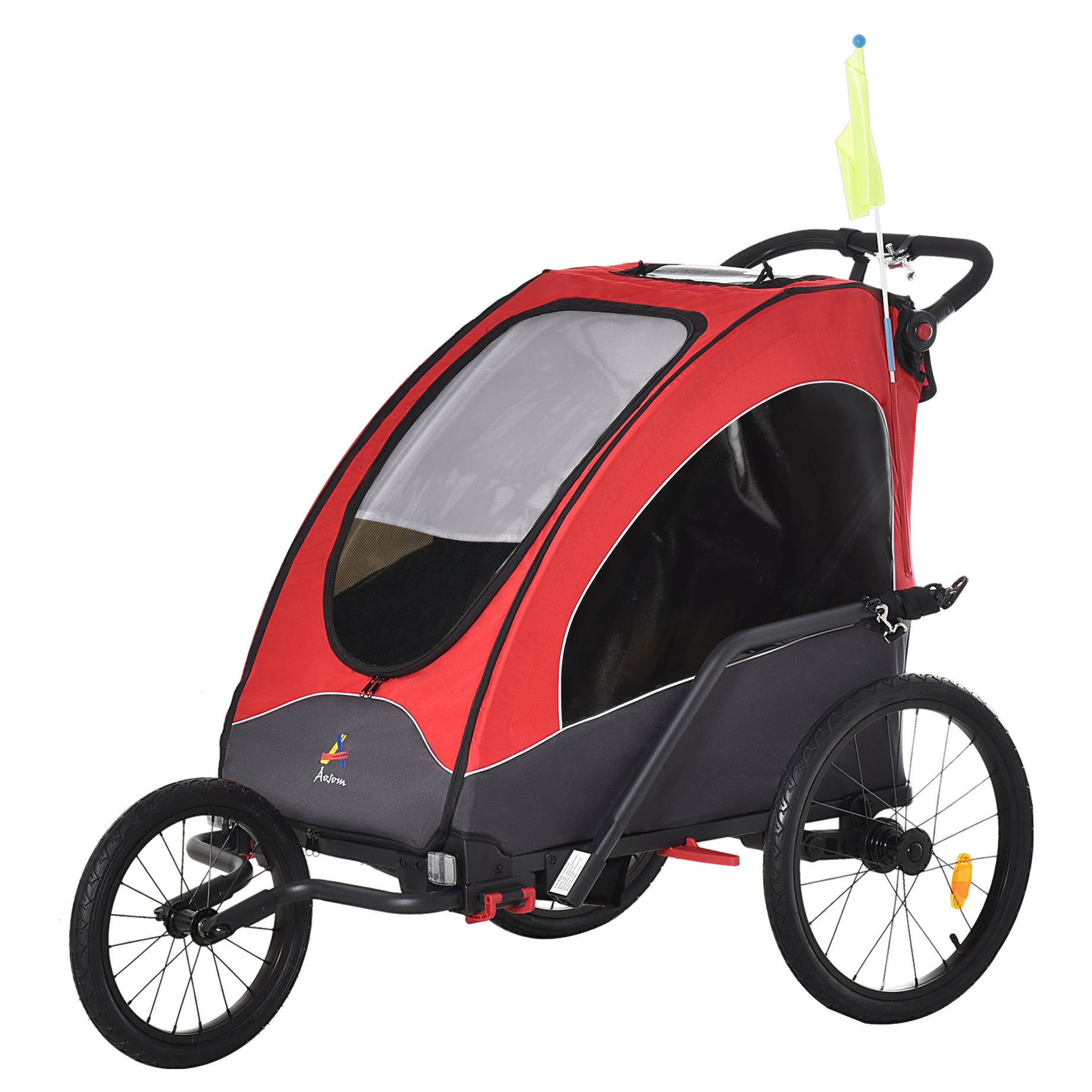 Aosom Bike Trailer for Kids 3 In1 Foldable Child Jogger Stroller Baby Stroller Transport Carrier with Shock Absorber System Rubber Tires Adjustable Handlebar Kid Bicycle Trailer Red and Grey--1