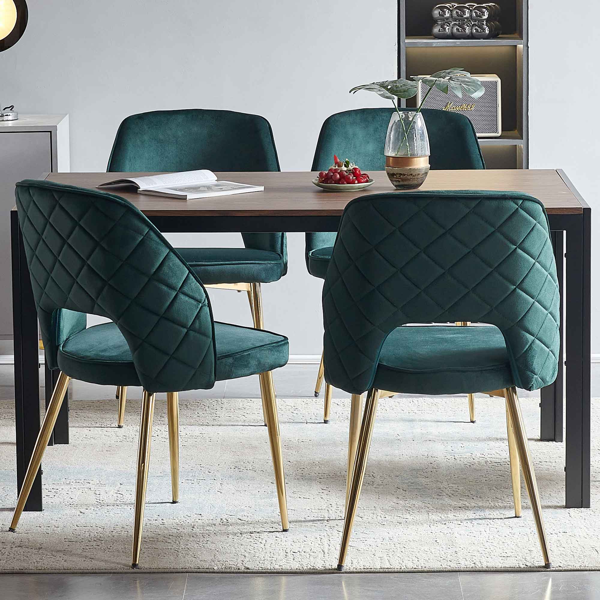 Dark Green Velvet Dining Chairs with Metal Legs and Hollow Back Upholstered Dining Chairs Set of 4--1