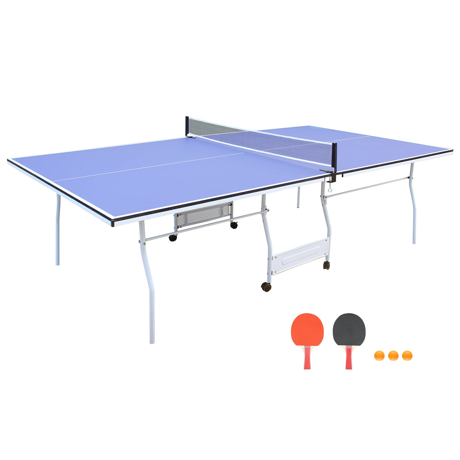 9ft Mid-Size Table Tennis Table Foldable & Portable Ping Pong Table Set for Indoor Games with Net, 2 Table Tennis Paddles and 3 Balls--1