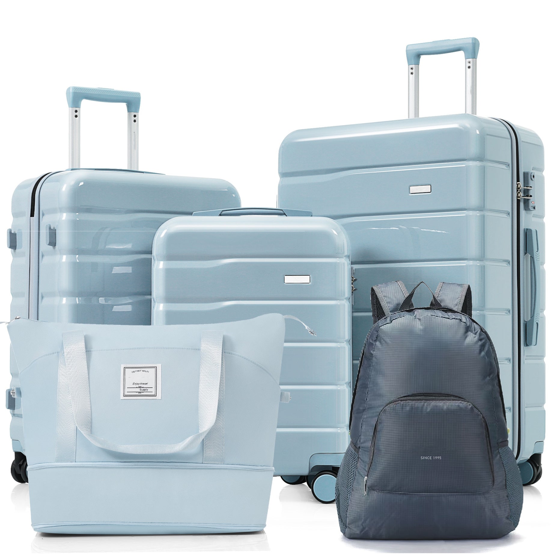 5 Piece Luggage Set with Expandable Duffel Bag & Foldable Backpack – 20"/24"/28" Suitcases with 360° Spinner Wheels, TSA Lock, grey blue--1