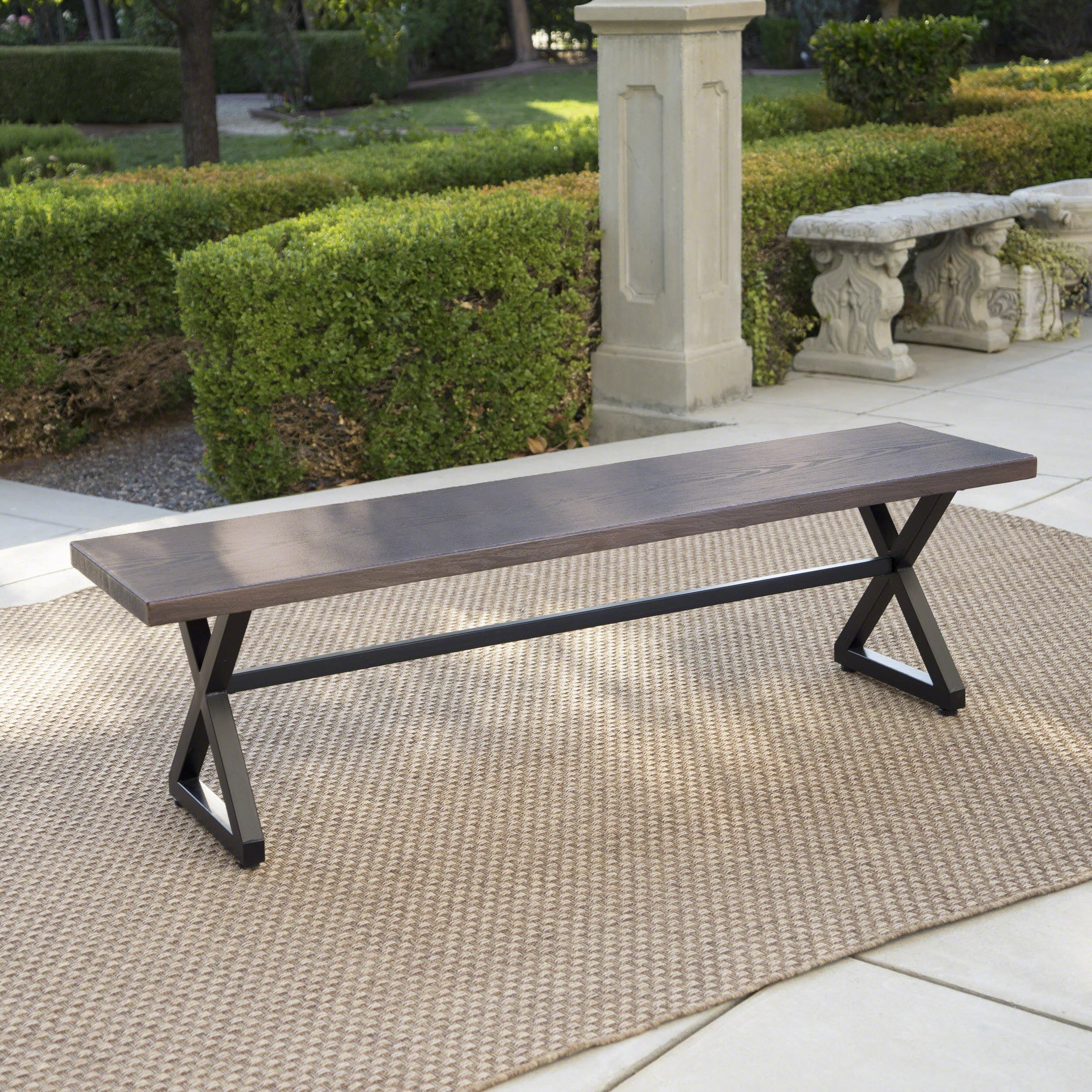 Outdoor Aluminum Dining Bench with Steel Frame, Brown / Black--1