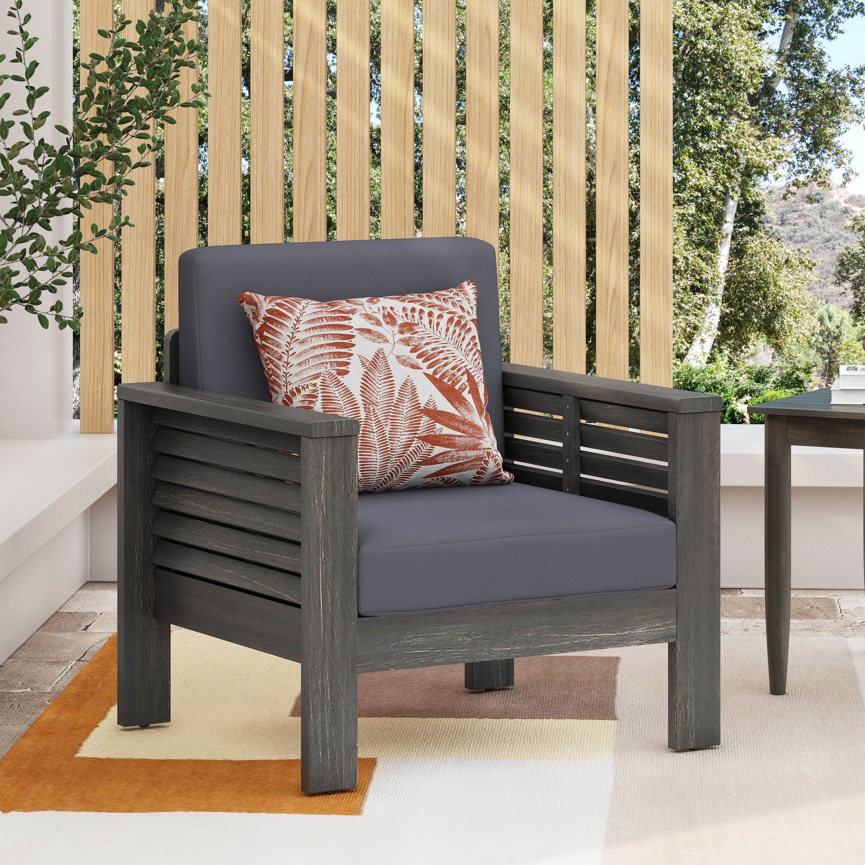 Outdoor Acacia Wood Club Chairs with Cushions, Dark Gray, 27.75"D x 32"W x 27.75"H--1